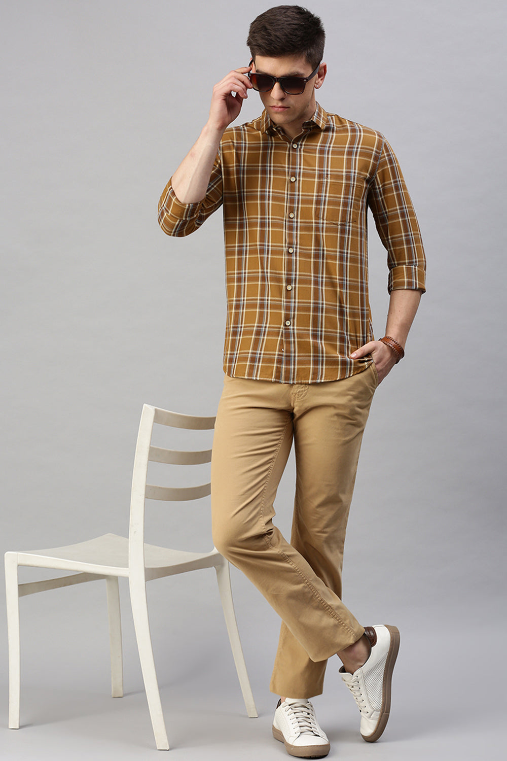 Classic Polo Men's Cotton Full Sleeve Checked Slim Fit Polo Neck Khaki Color Woven Shirt | So1-161 A