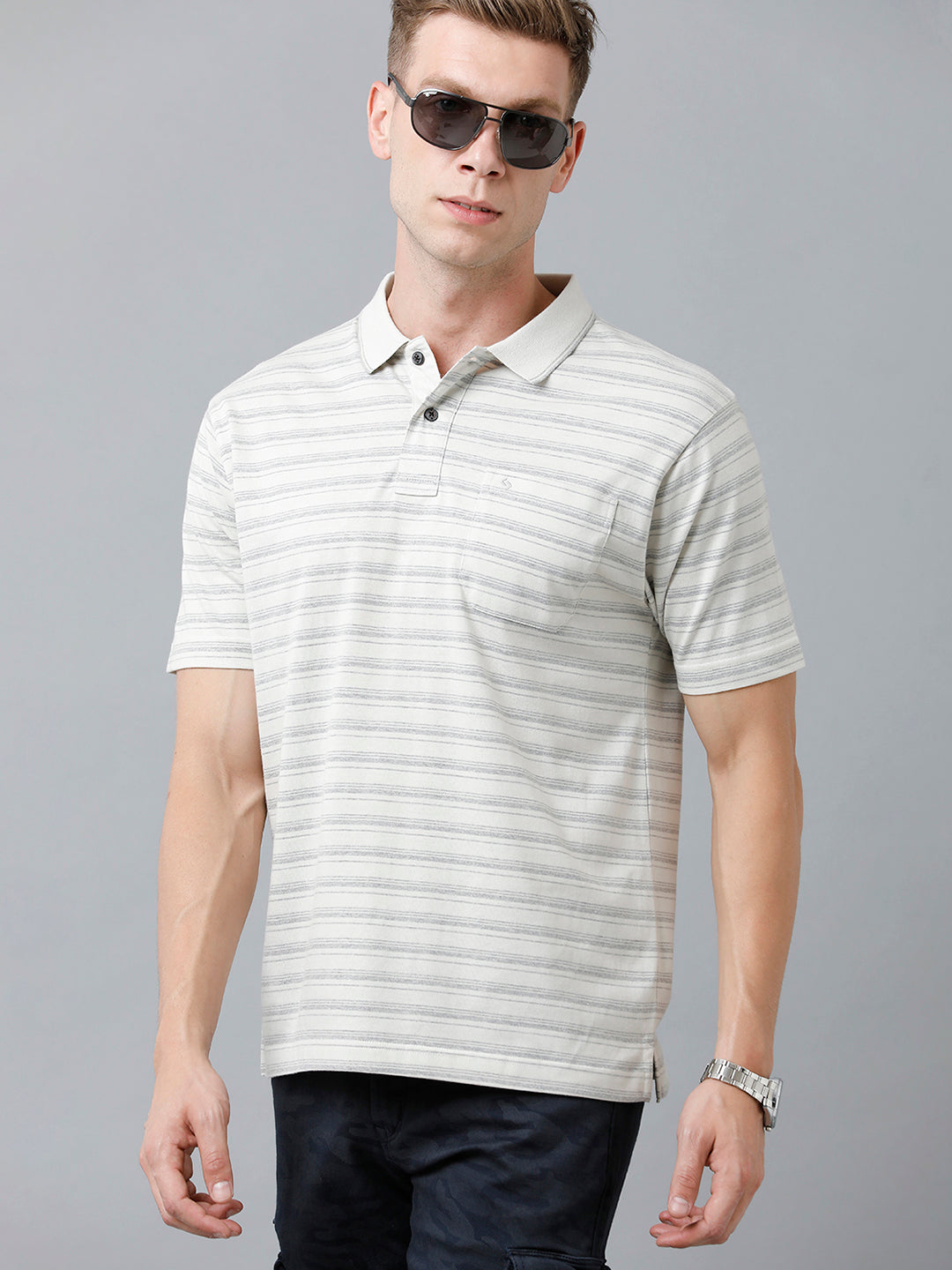 Classic Polo Men's Cotton Half Sleeve Striped Authentic Fit Polo Neck Light Grey Color T-Shirt | Feeders - 214 A