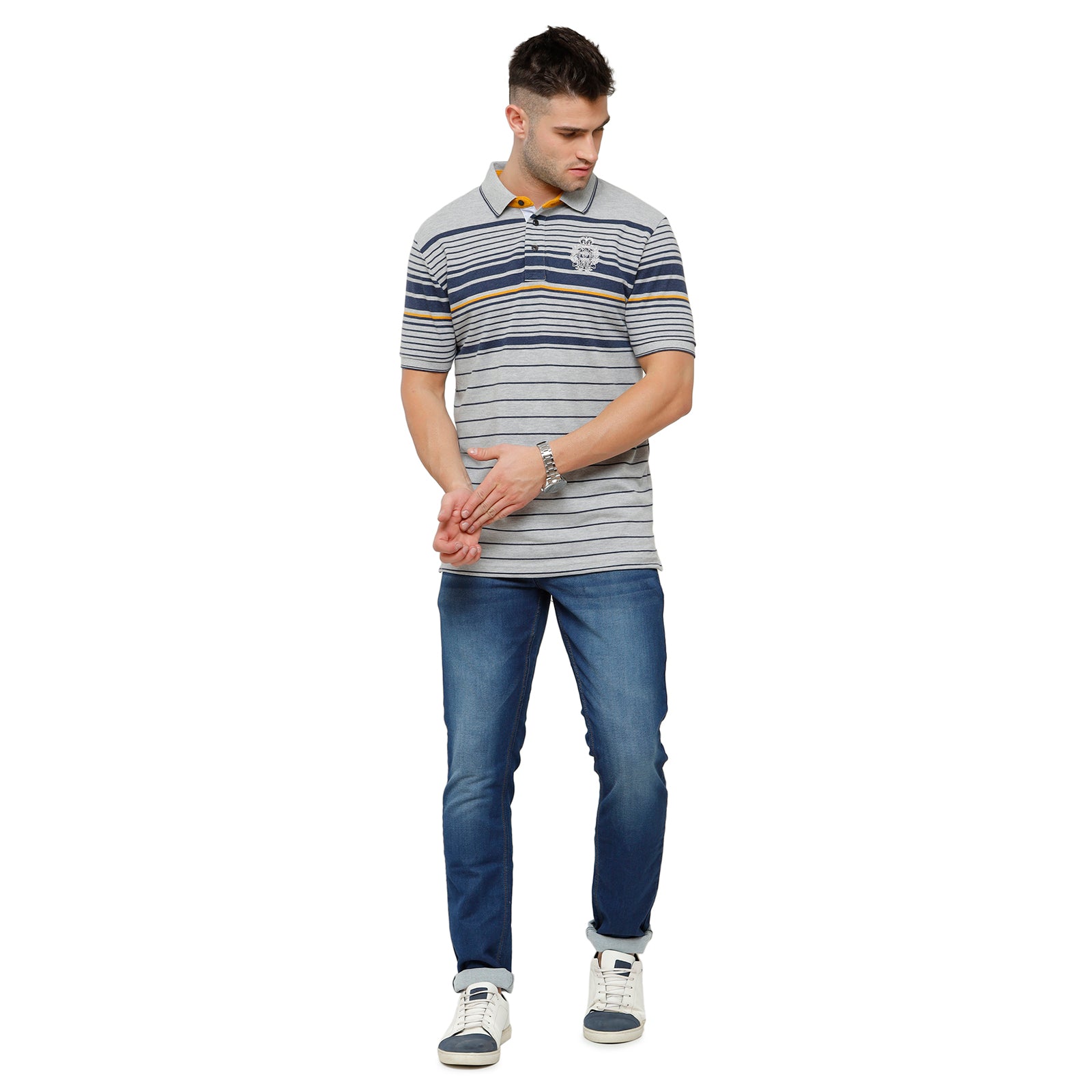 Classic Polo Mens Grey Stripped Half Sleeve Slim Fit Polo Neck T-Shirt - VTA 183B T-shirt Classic Polo 