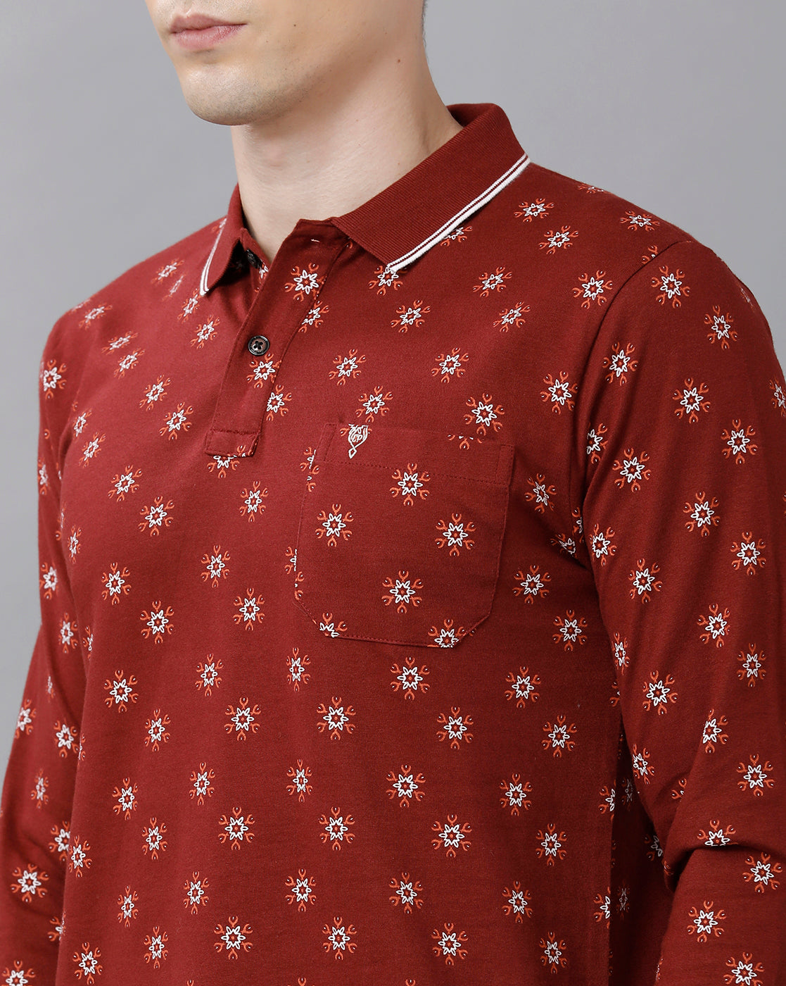 Classic Polo Mens Cotton Printed Full Sleeve Slim Fit Polo Neck Maroon Color T-Shirt | Verno 269 A R