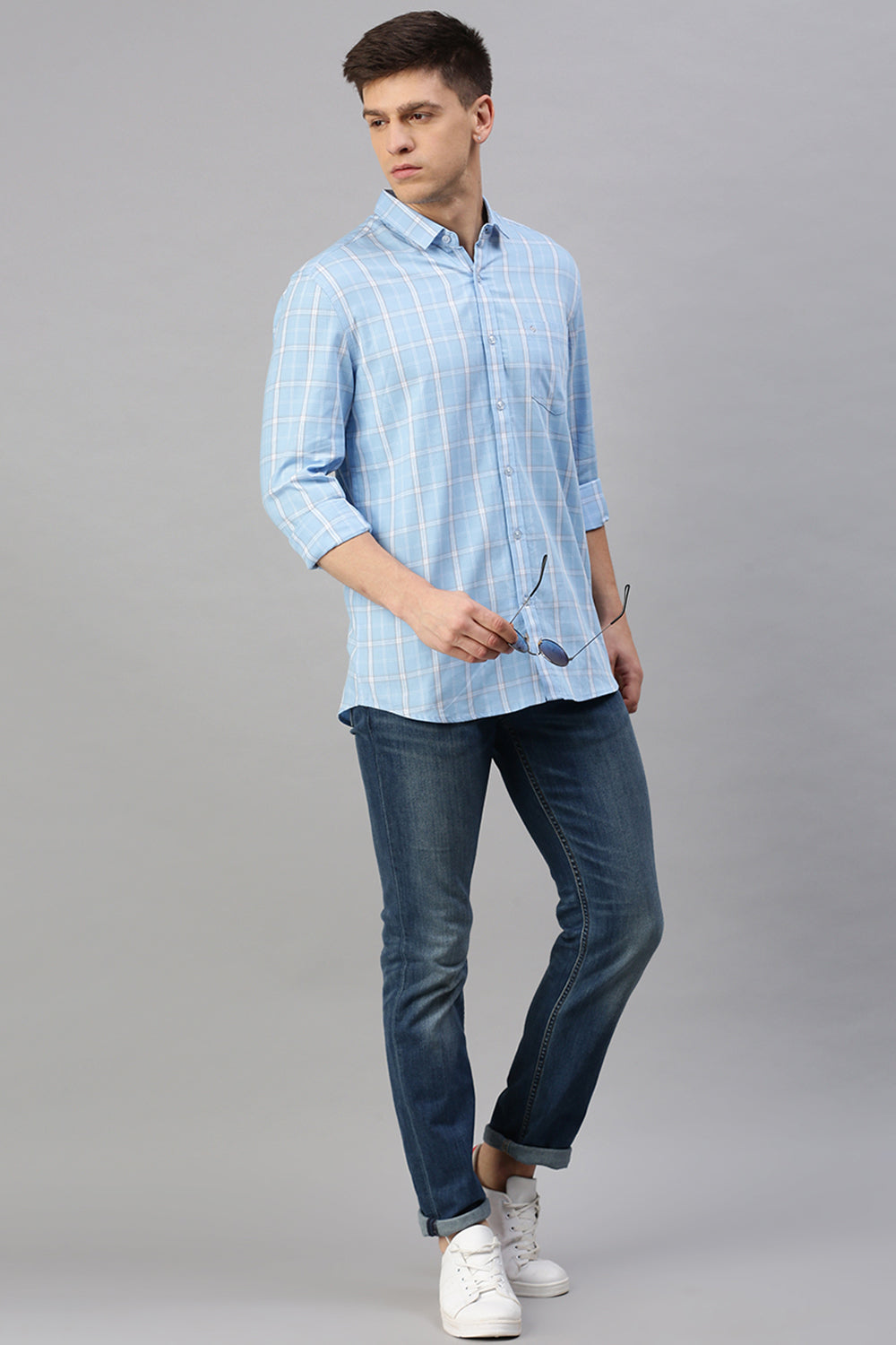 Classic Polo Men's Cotton Full Sleeve Checked Slim Fit Polo Neck Light Blue Color Woven Shirt | So1-95 B