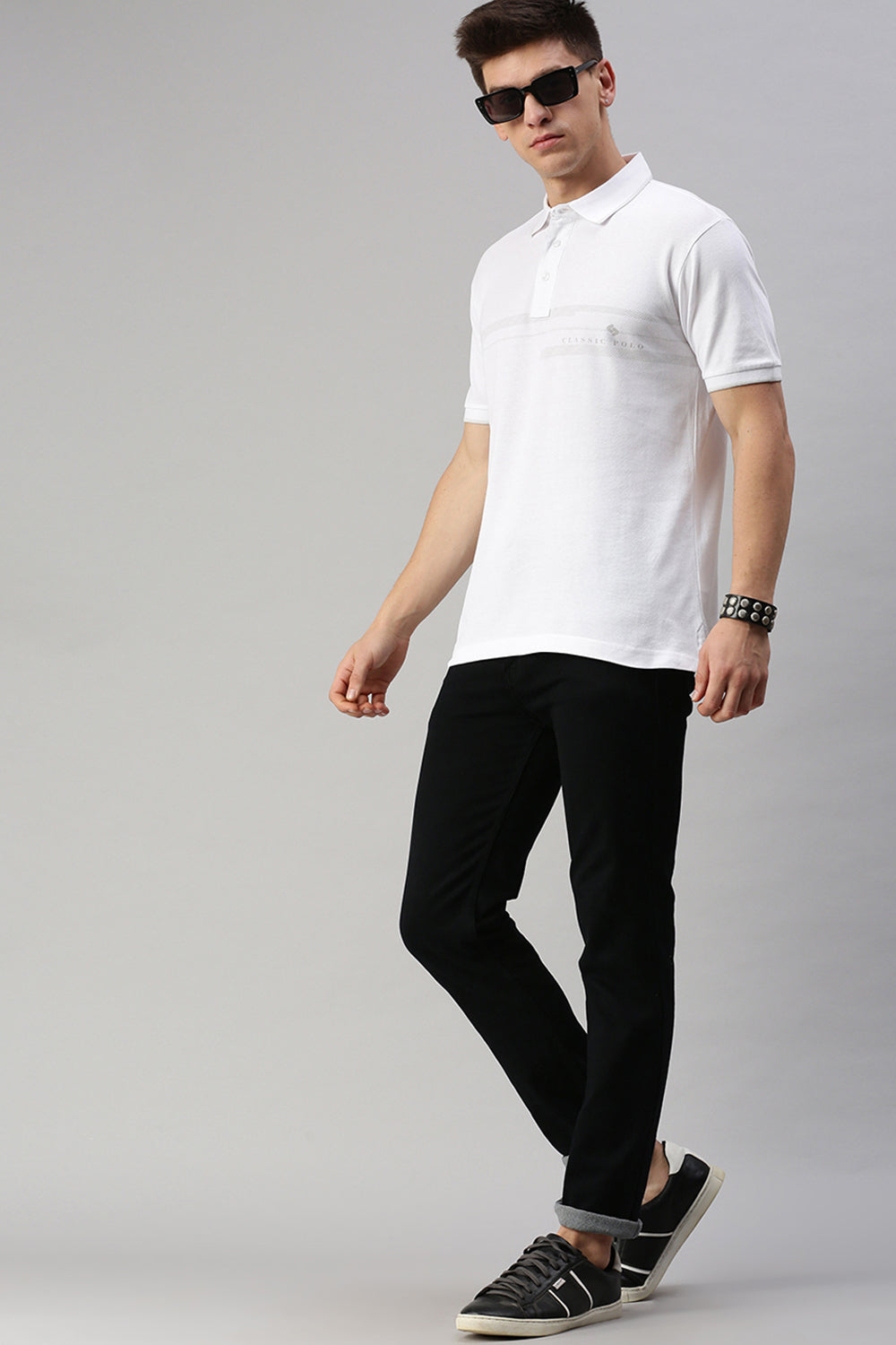 Classic Polo Men's Cotton Half Sleeve Printed Slim Fit Polo Neck White Color T-Shirt | Vivid Polo - 07 A
