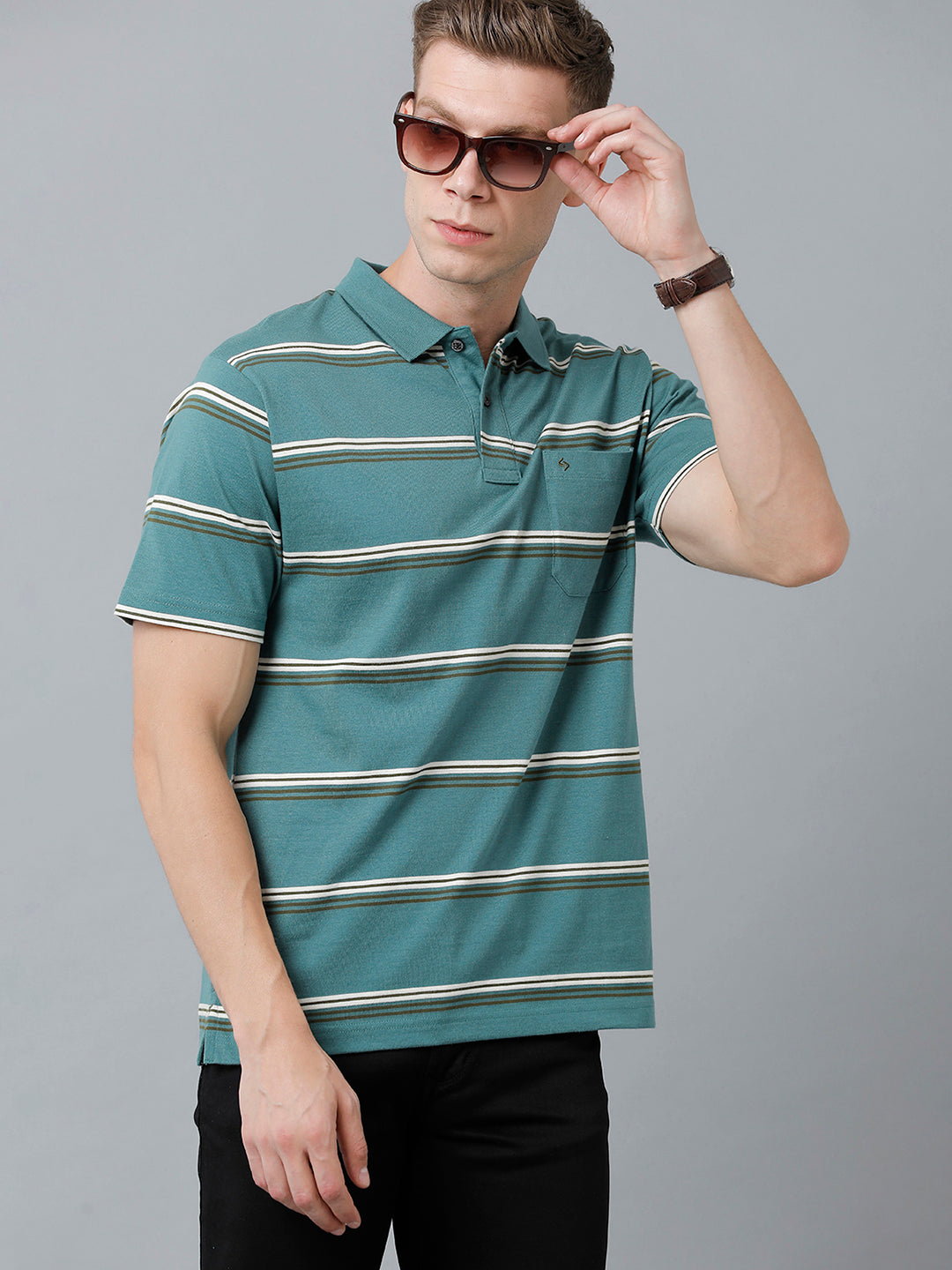 Classic Polo Men's Cotton Blend Half Sleeve Striped Authentic Fit Polo Neck Teal Grey Color T-Shirt | Avon - 527 A