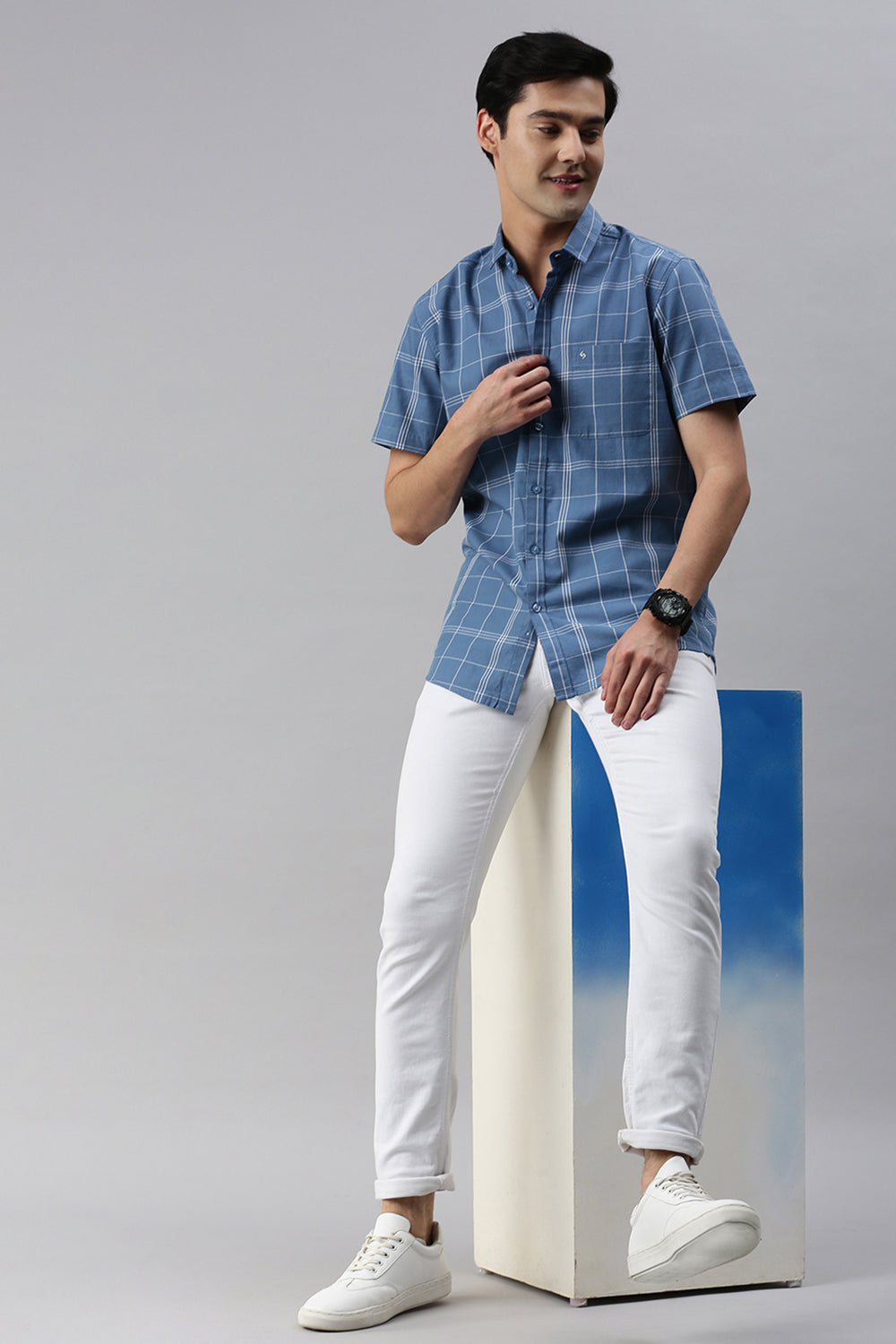 Classic Polo Men's Cotton Half Sleeve Checked Slim Fit Polo Neck Blue Color Woven Shirt | So1-92 B