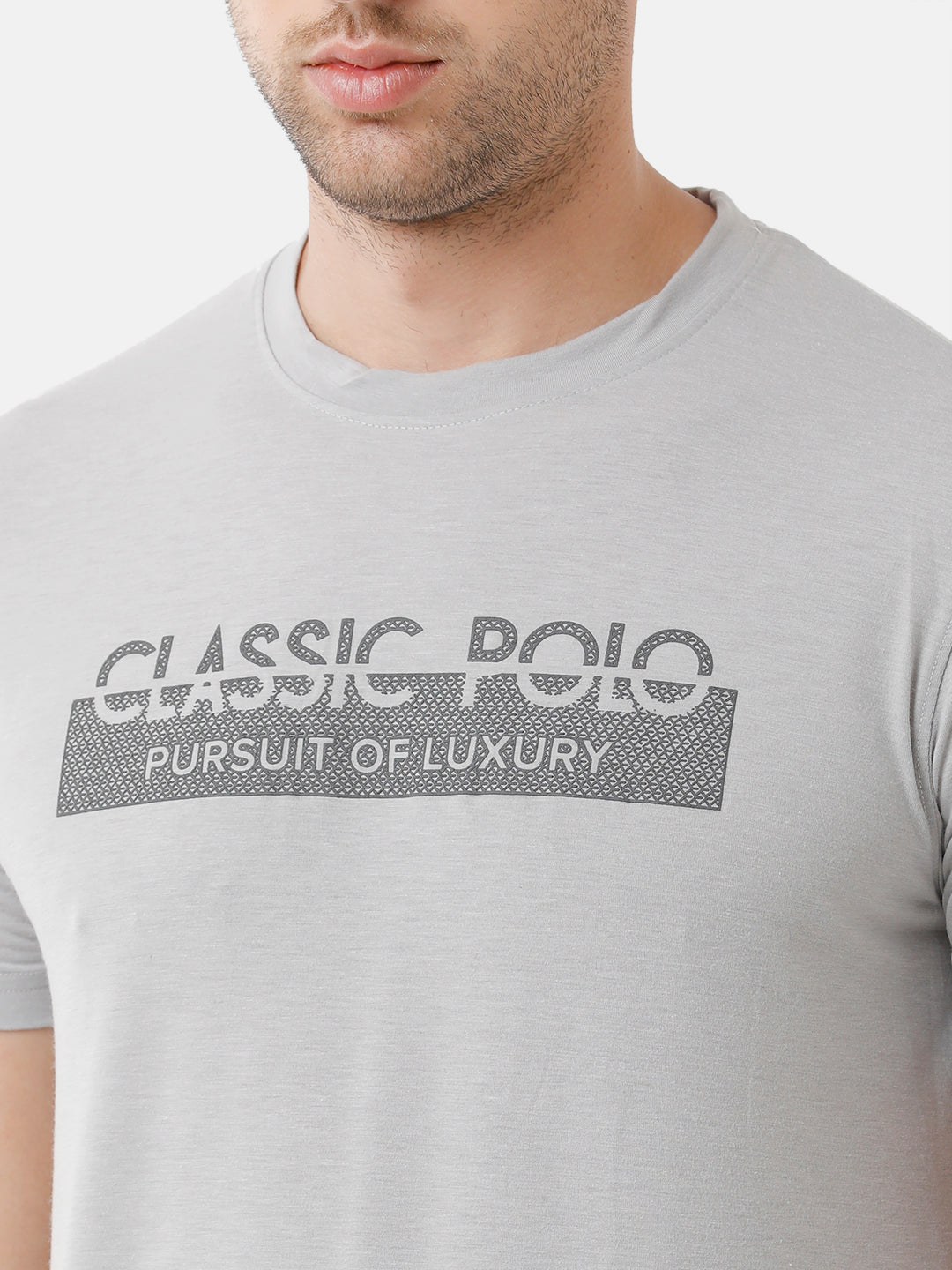 Classic Polo Mens Cotton Printed Half Sleeve Slim Fit Round Neck Grey Color T-Shirt | Baleno 479
