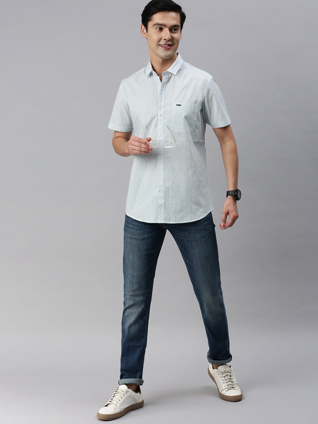 Classic Polo Men's Cotton Half Sleeve Printed Slim Fit Collar Neck Light Blue Color Woven Shirt | So1-147 B