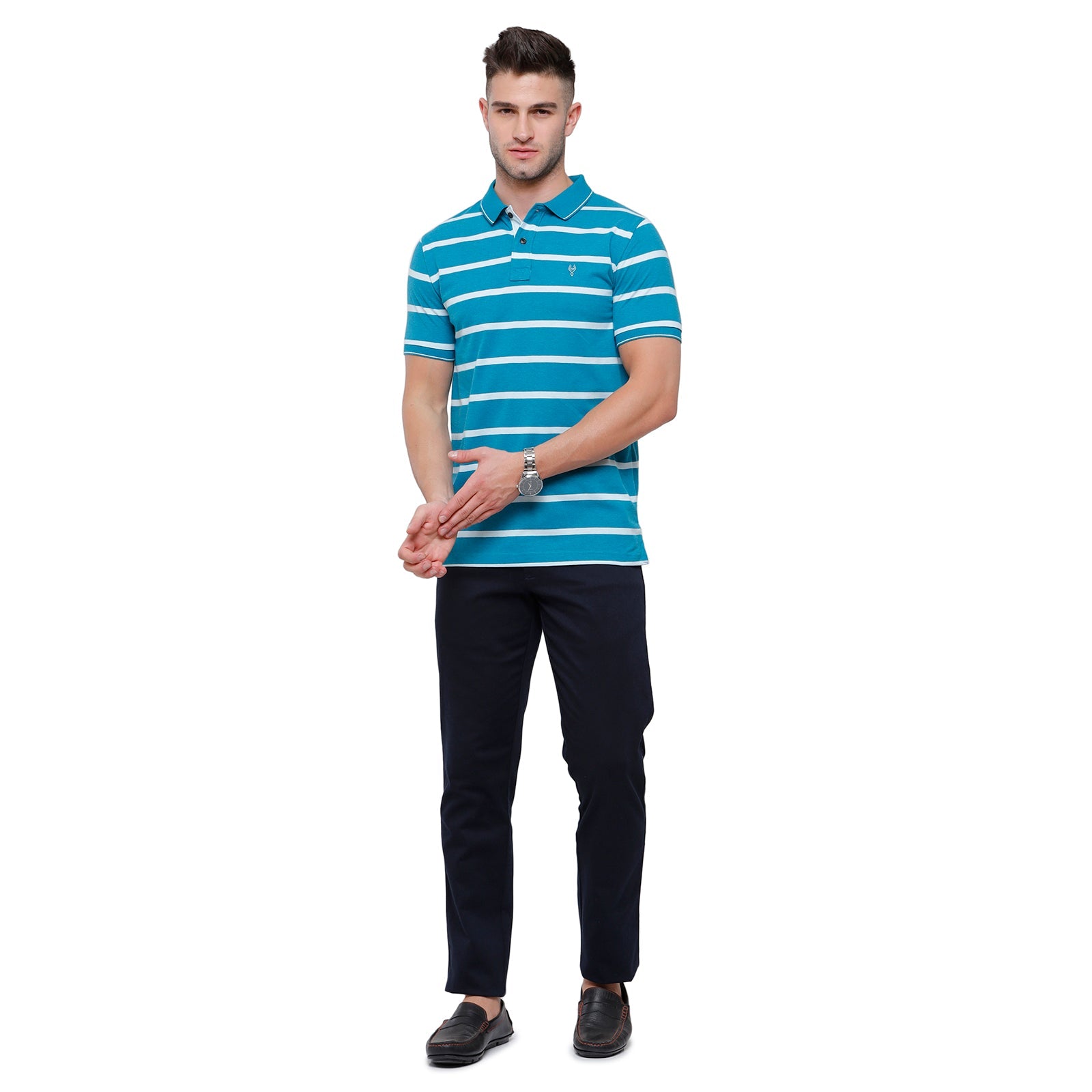 Classic Polo Mens Cotton Striped Slim Fit Polo Neck Blue Colour T-Shirt - Cpeg 273A T-shirt Classic Polo 