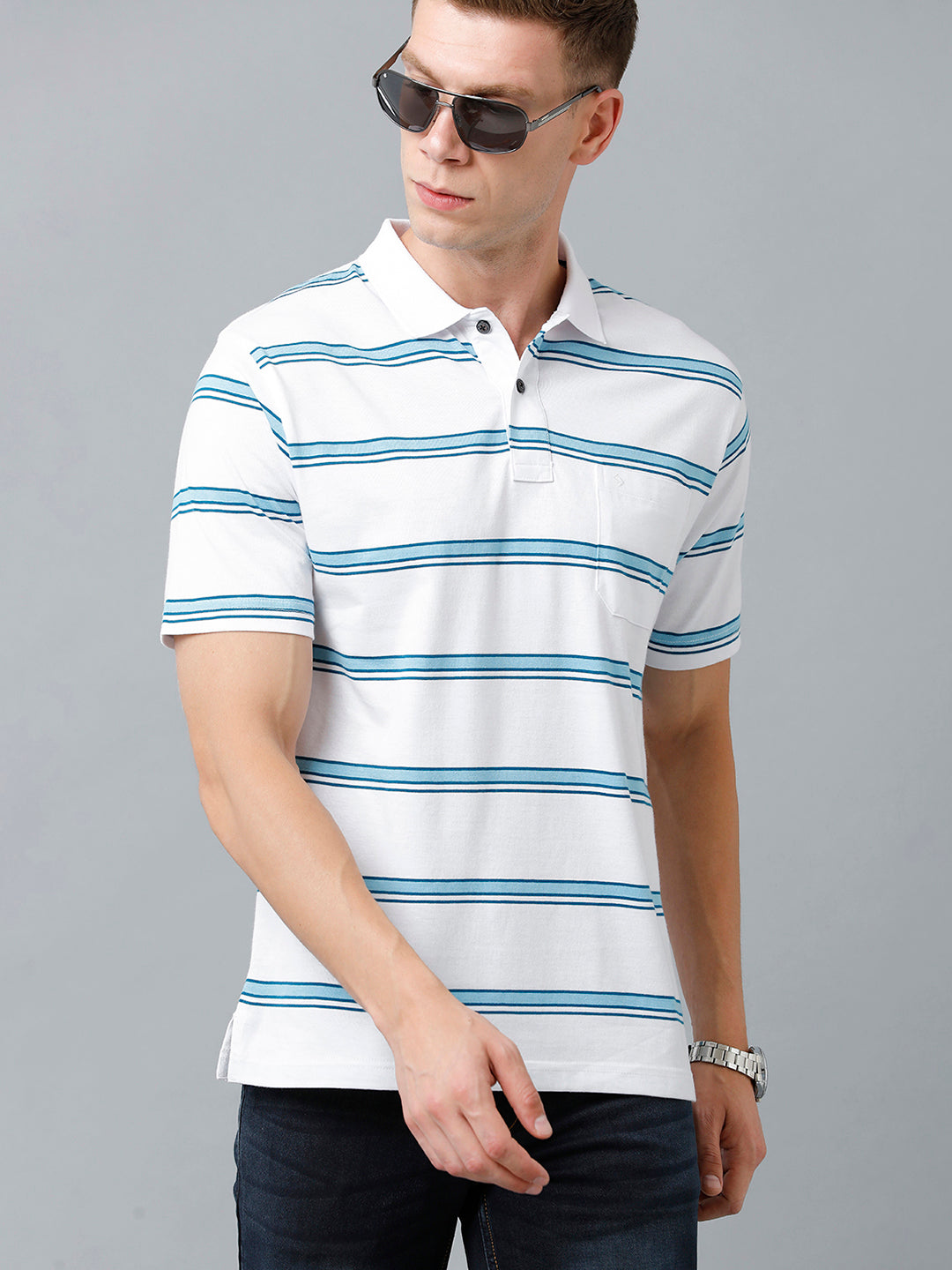 Classic Polo Men's Cotton Blend Half Sleeve Striped Authentic Fit Polo Neck White Color T-Shirt | Avon - 522 A