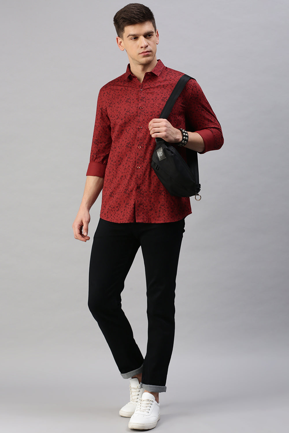 Classic Polo Men's Cotton Full Sleeve Printed Slim Fit Polo Neck Red Color Woven Shirt | So1-12 A