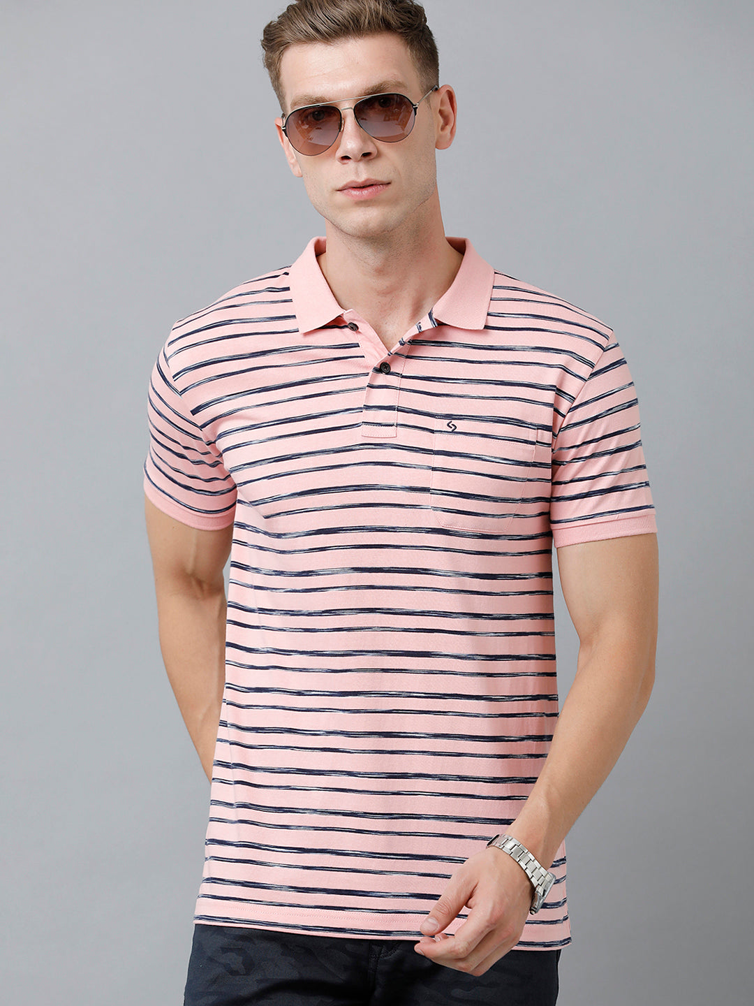 Classic Polo Men's Cotton Half Sleeve Striped Authentic Fit Polo Neck Pink Color T-Shirt | Nexon - 02 B