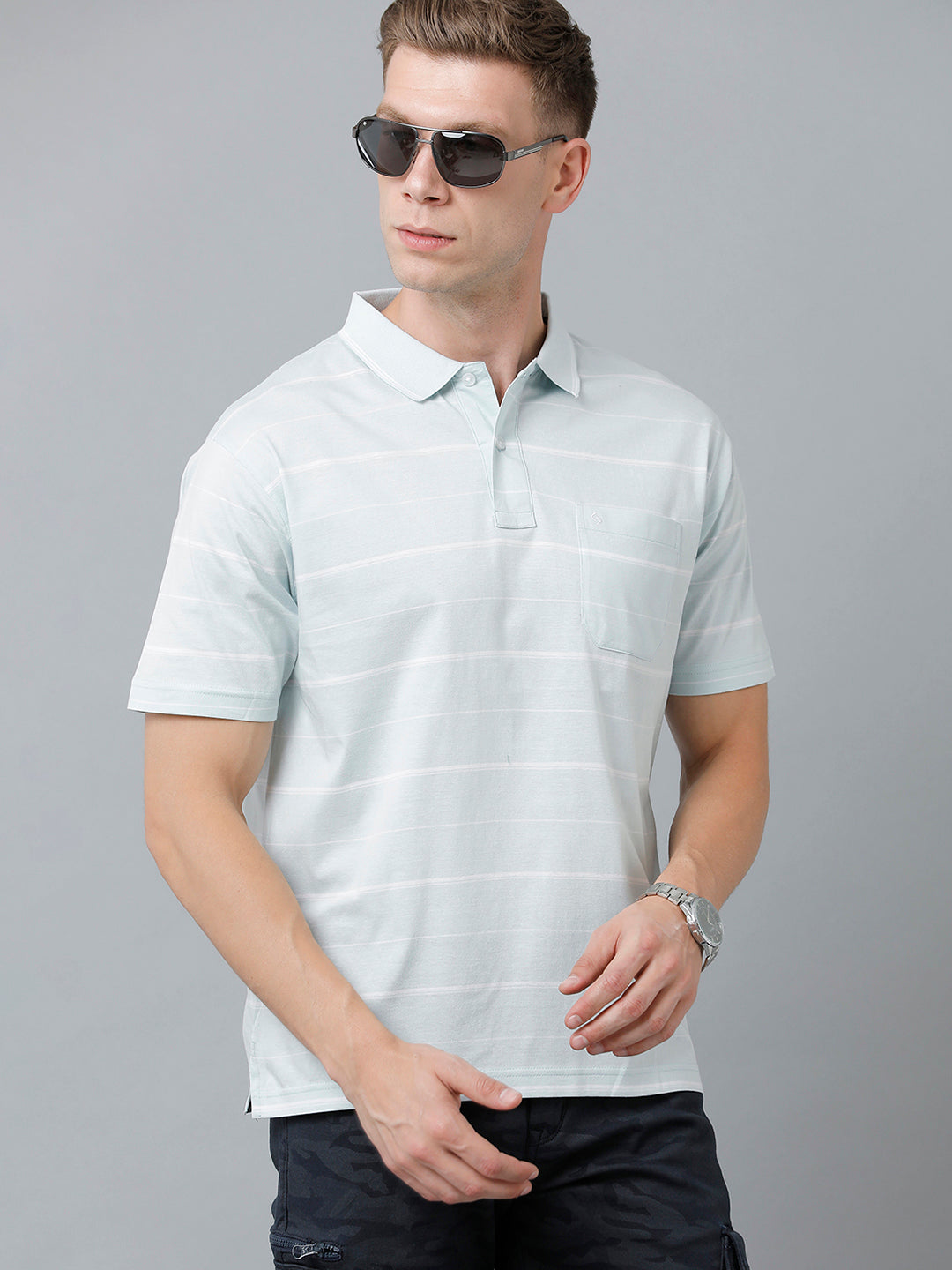 Classic Polo Men's Cotton Half Sleeve Striped Authentic Fit Polo Neck Sky Blue Color T-Shirt | Ap - 81 B