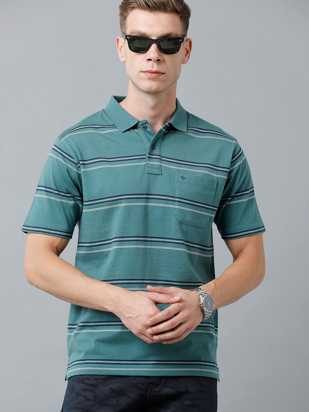 Classic Polo Men's Cotton Blend Half Sleeve Striped Authentic Fit Polo Neck Light Green Color T-Shirt | Avon - 519 A