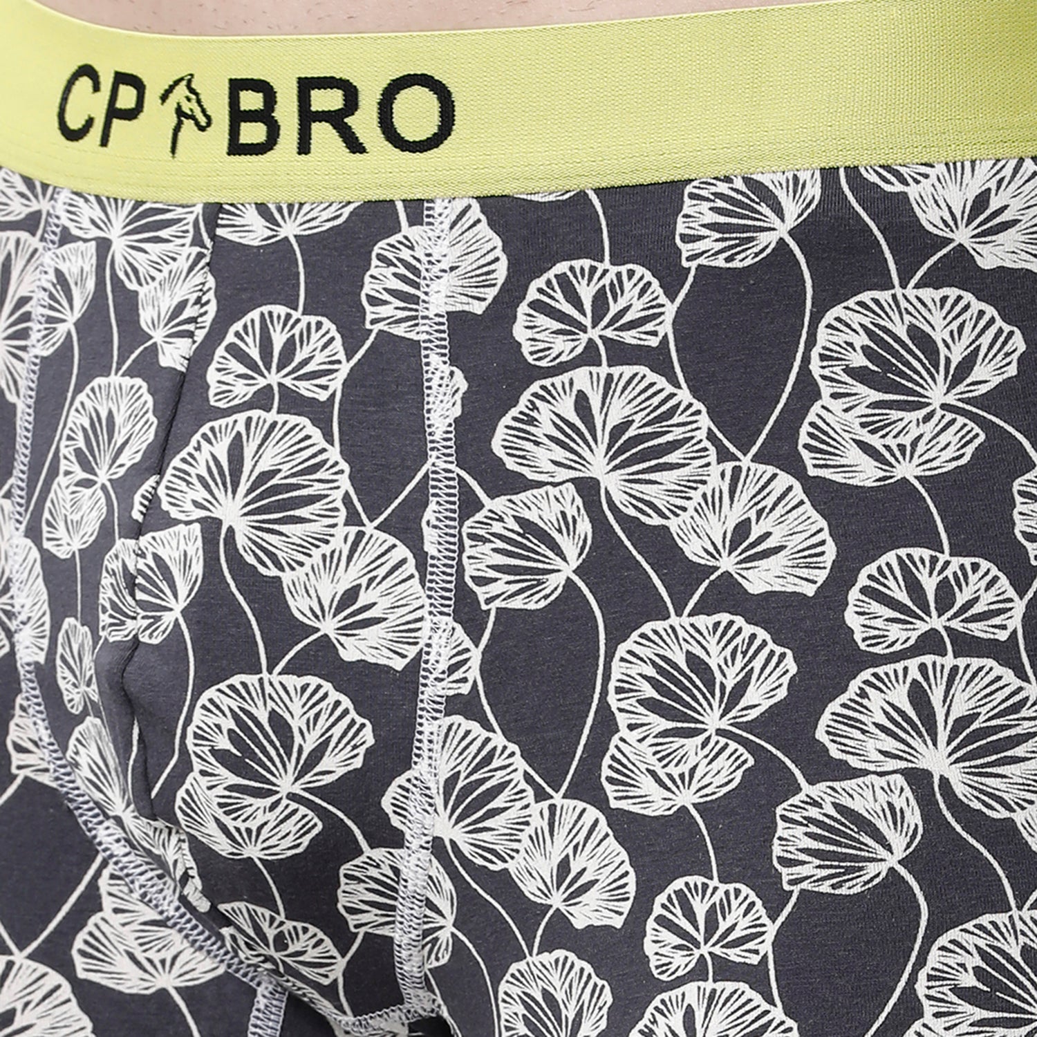 CP BRO Men's Printed Trunks with Exposed Waistband - Grey Leaf Print