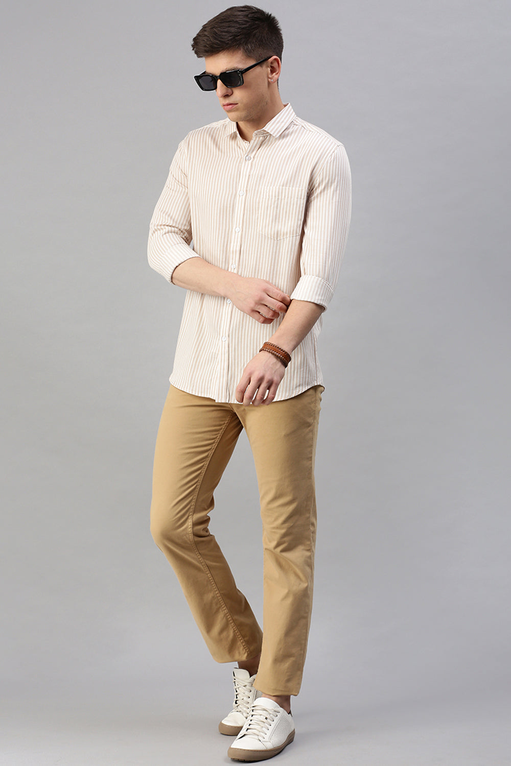 Classic Polo Men's Cotton Full Sleeve Striped Slim Fit Polo Neck Cream Color Woven Shirt | So1-104 A