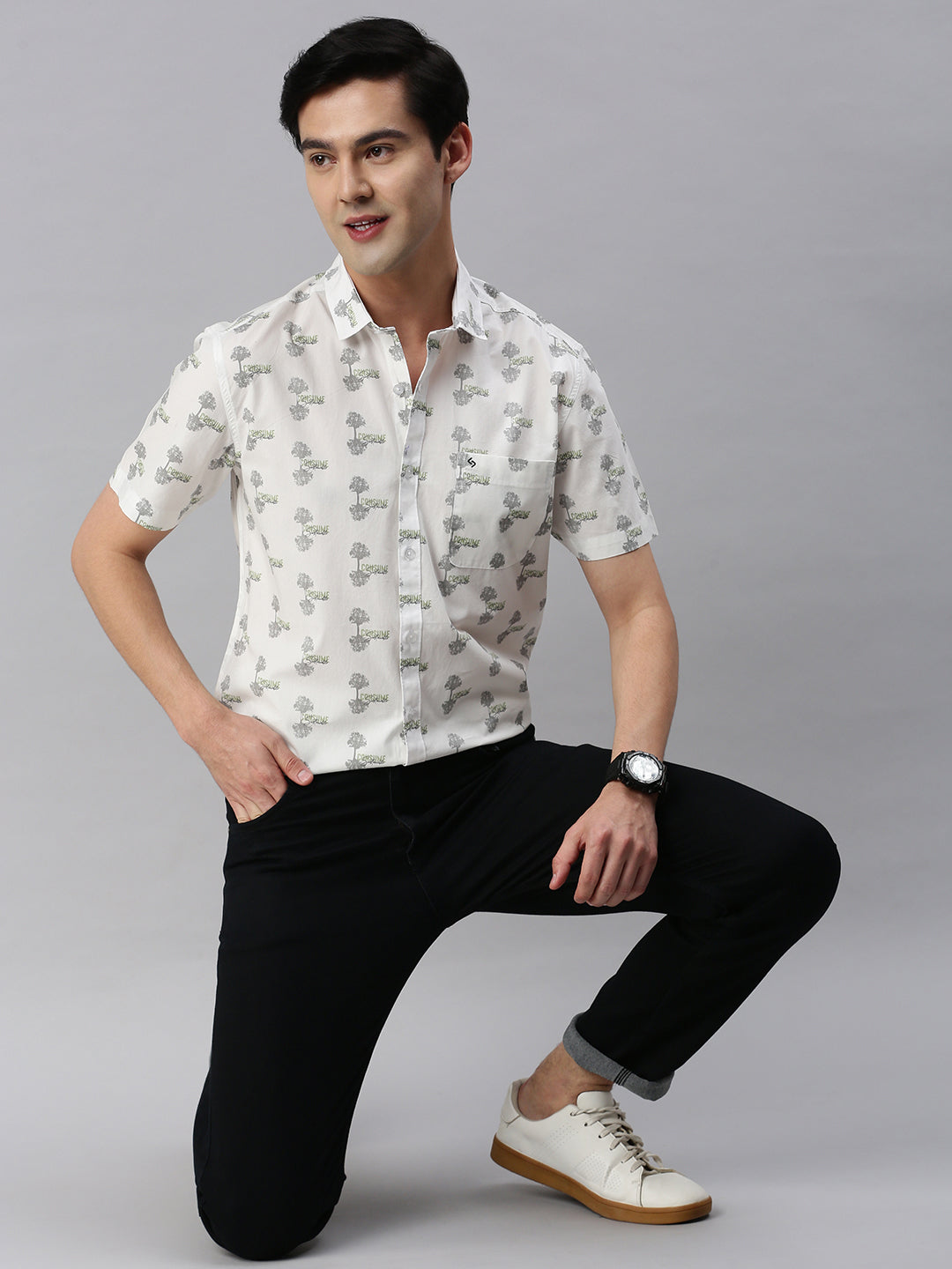 Classic Polo Men's Cotton Half Sleeve Printed Slim Fit Collar Neck White Color Woven Shirt | So1-146 A
