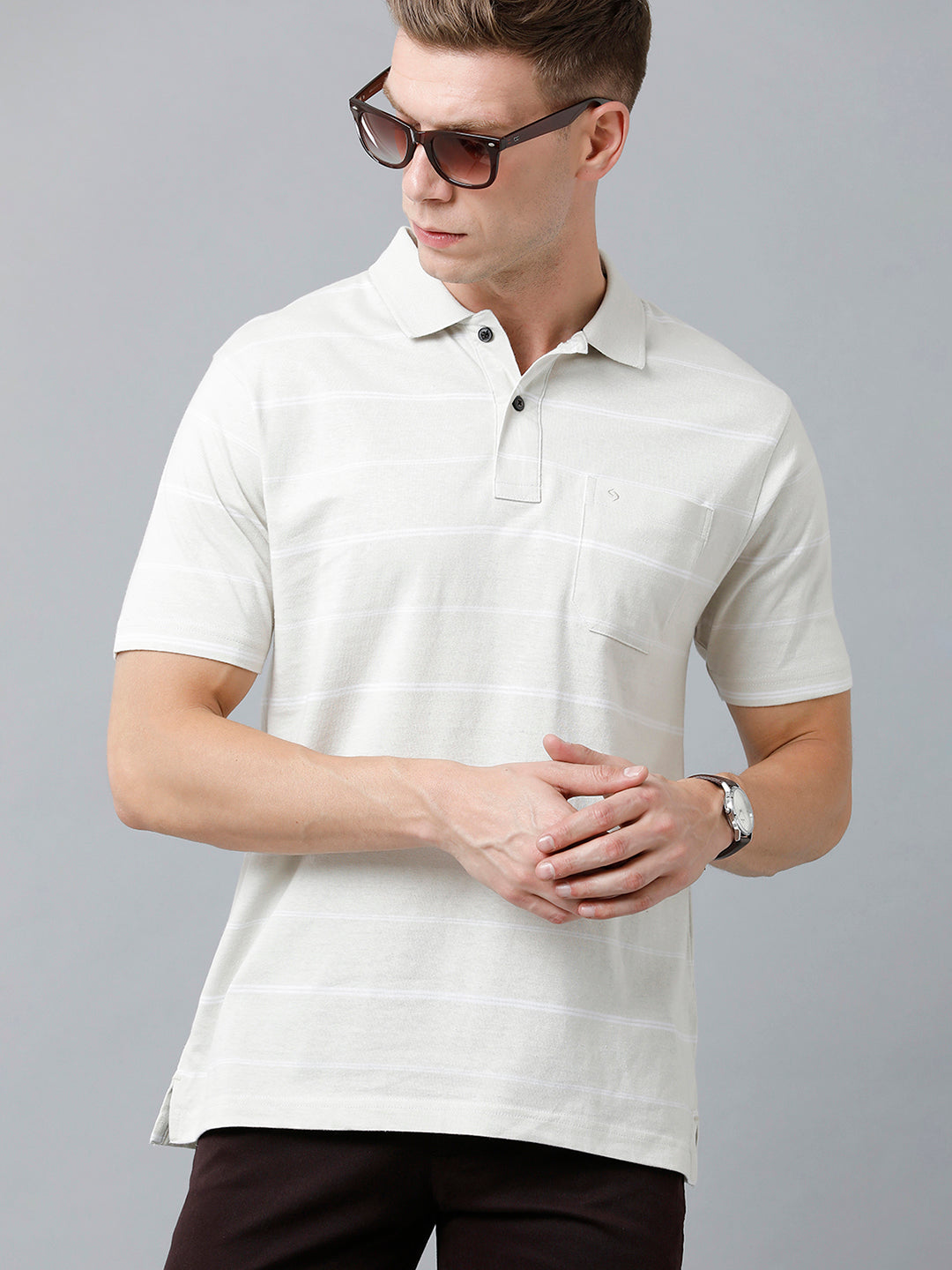 Classic Polo Men's Cotton Blend Half Sleeve Striped Authentic Fit Polo Neck Beige Color T-Shirt | Avon - 516 B