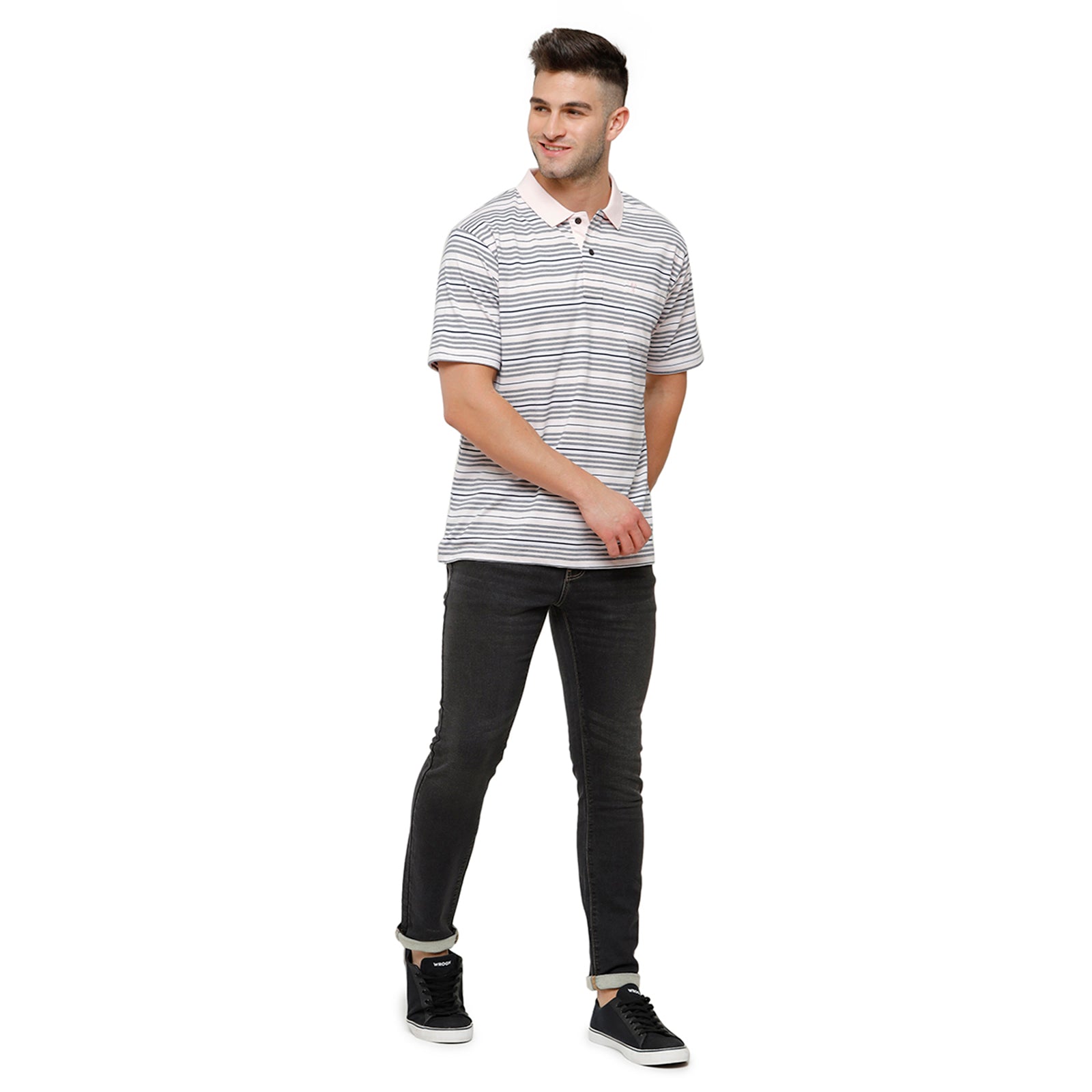 Classic Polo Mens Grey Stripes Half Sleeve Authentic Fit T-Shirt AVON - 473 B T-shirt Classic Polo 