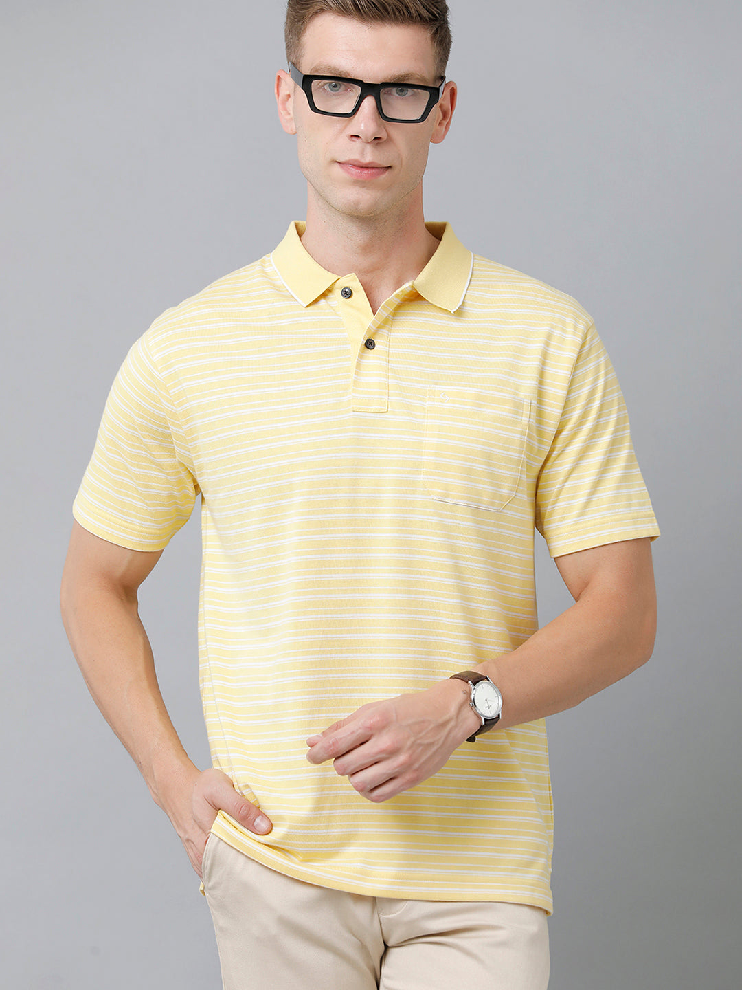 Classic Polo Men's Cotton Half Sleeve Striped Authentic Fit Polo Neck Yellow Color T-Shirt | Feeders - 211 A