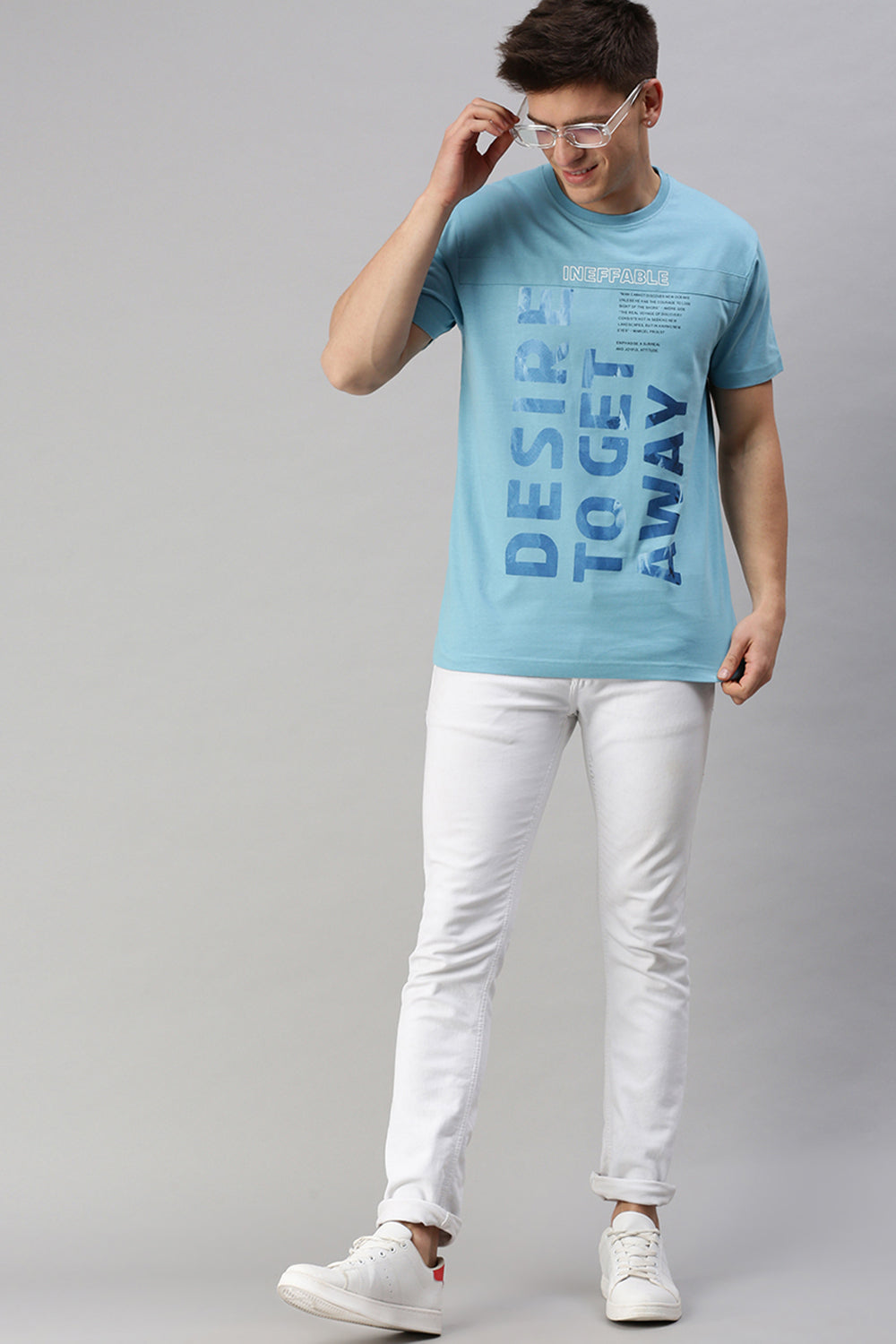 Classic Polo Men's Cotton Half Sleeve Printed Slim Fit Crew Neck Light Blue Color T-Shirt | Baleno - 501 A