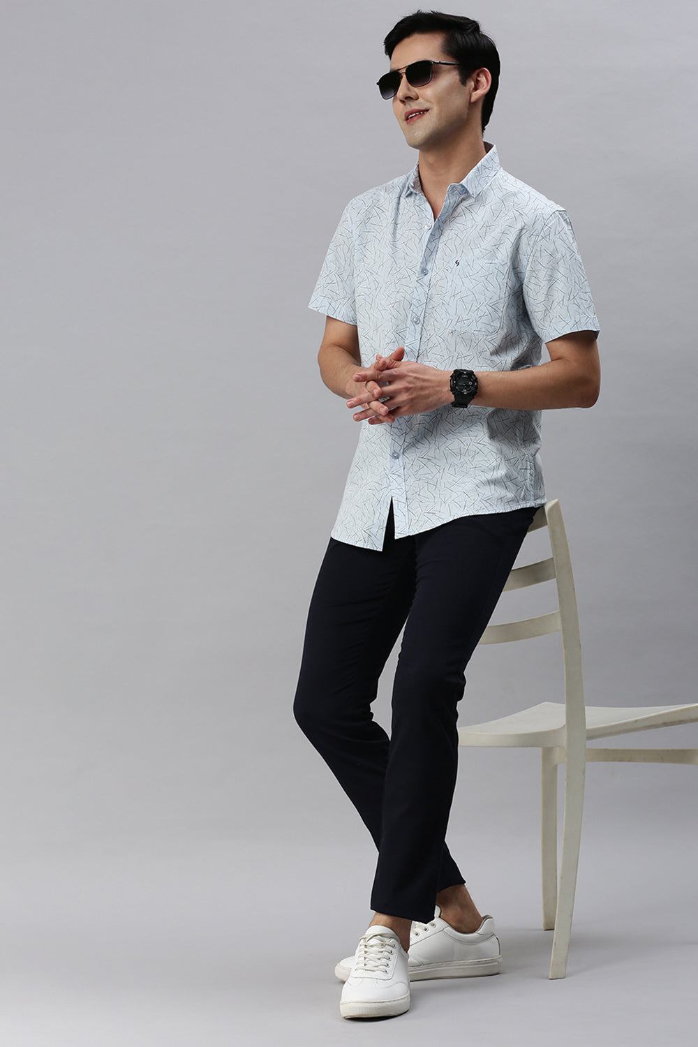 Classic Polo Men's Cotton Half Sleeve Printed Slim Fit Polo Neck Light Blue Color Woven Shirt | So1-03 A