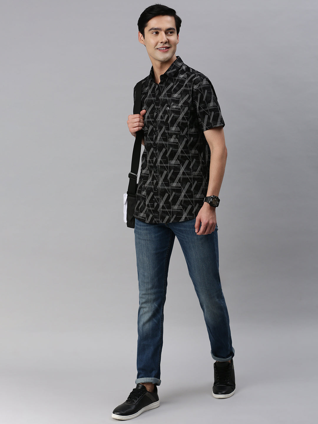 Classic Polo Men's Cotton Half Sleeve Printed Slim Fit Collar Neck Black Color Woven Shirt | So1-10 B