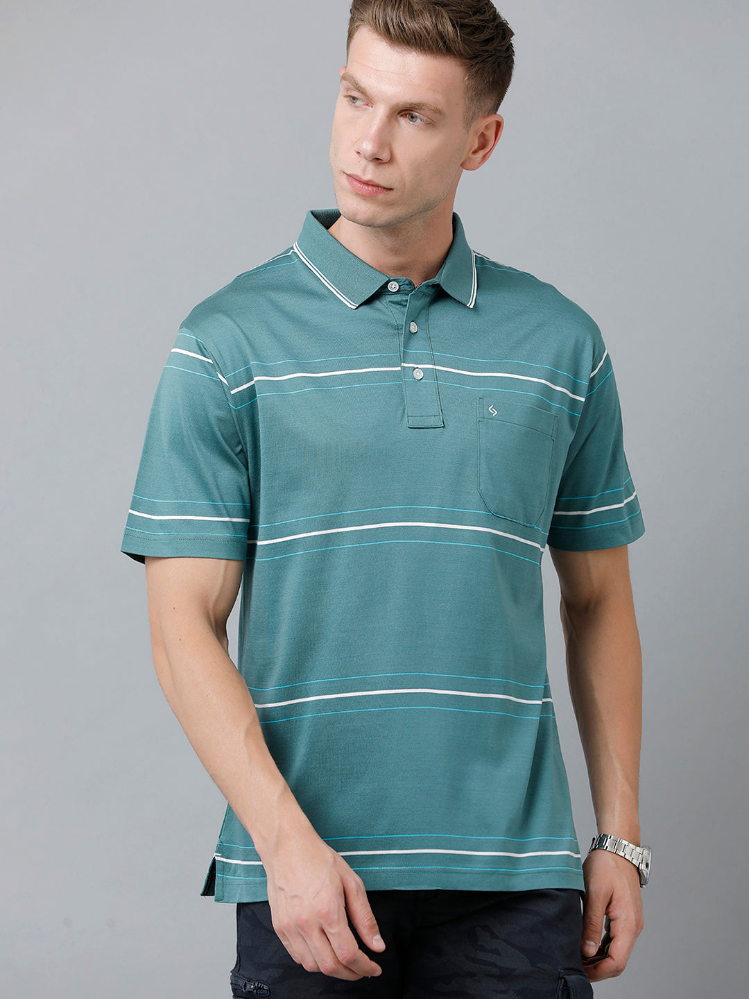Classic Polo Men's Cotton Half Sleeve Striped Authentic Fit Polo Neck Green Color T-Shirt | Ultimo - 319 A