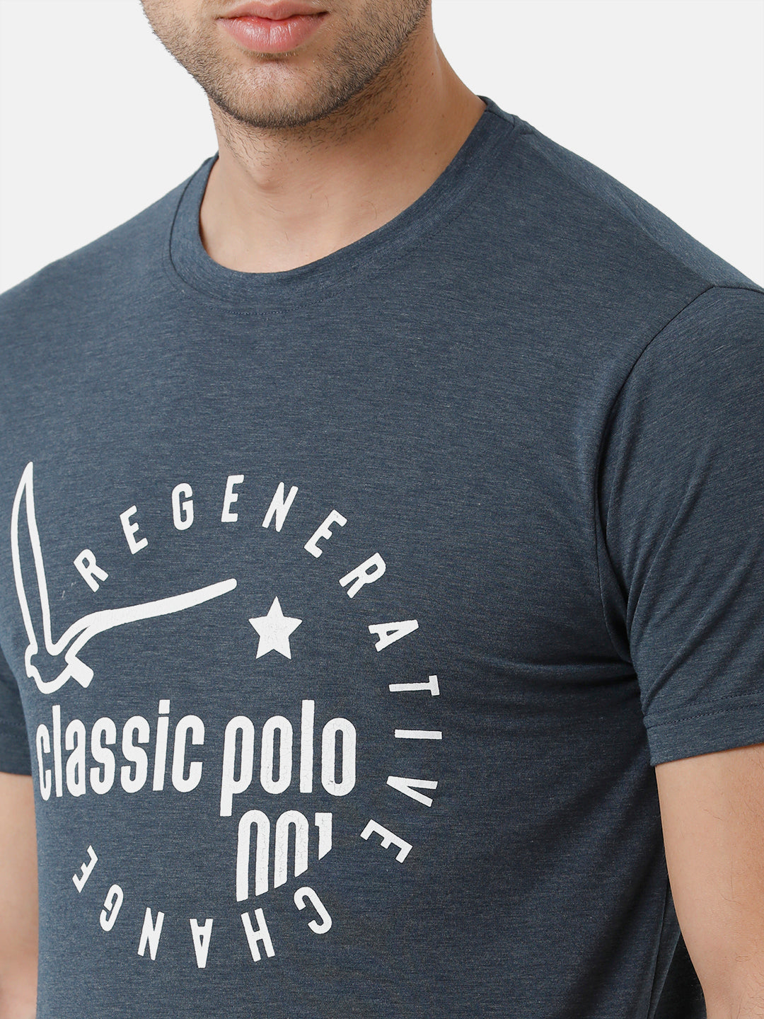 Classic Polo Mens Cotton Printed Half Sleeve Slim Fit Round Neck Navy Color T-Shirt | Baleno 482