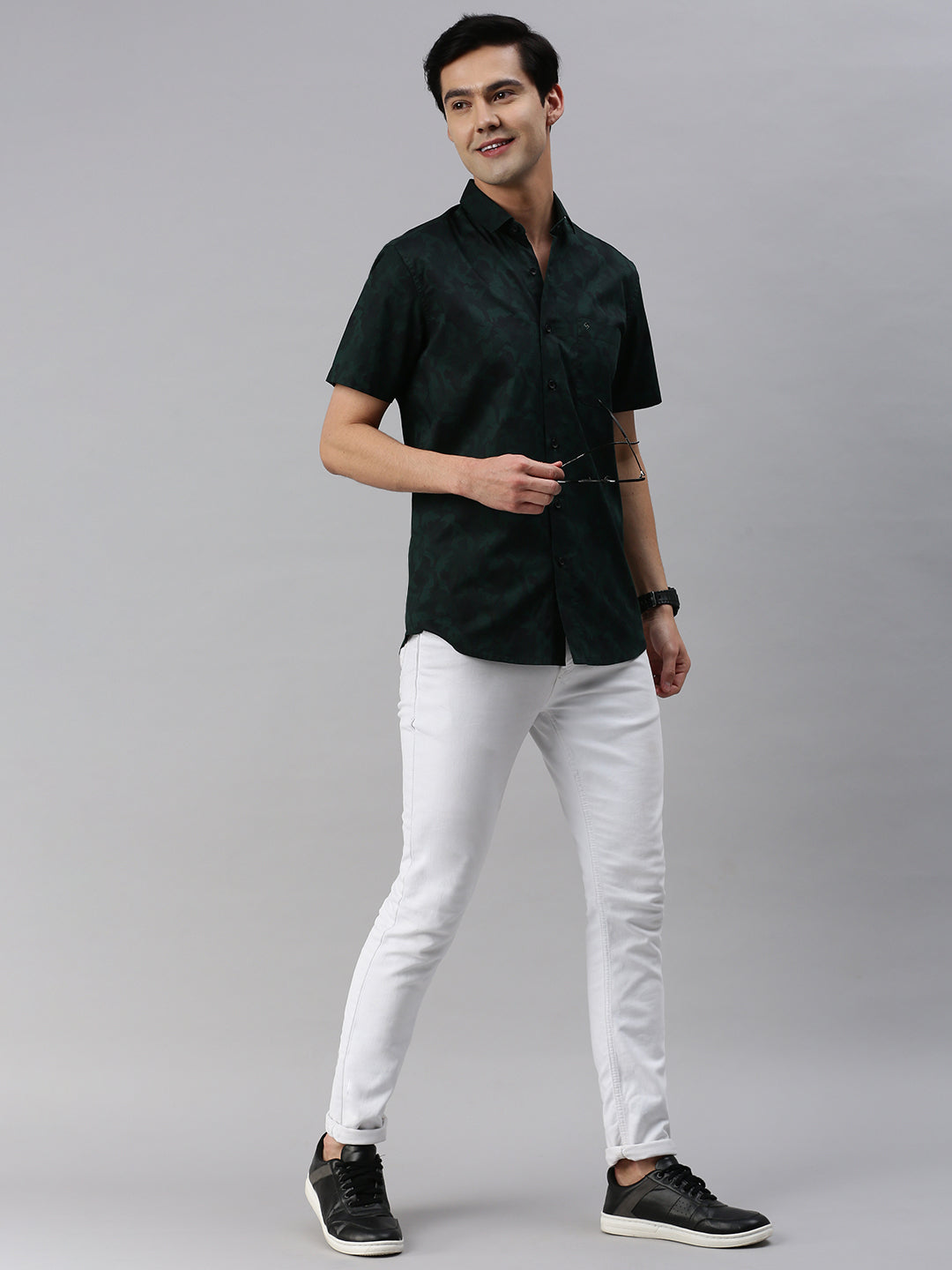 Classic Polo Men's Cotton Half Sleeve Printed Slim Fit Collar Neck Navy Color Woven Shirt | So1-11 A