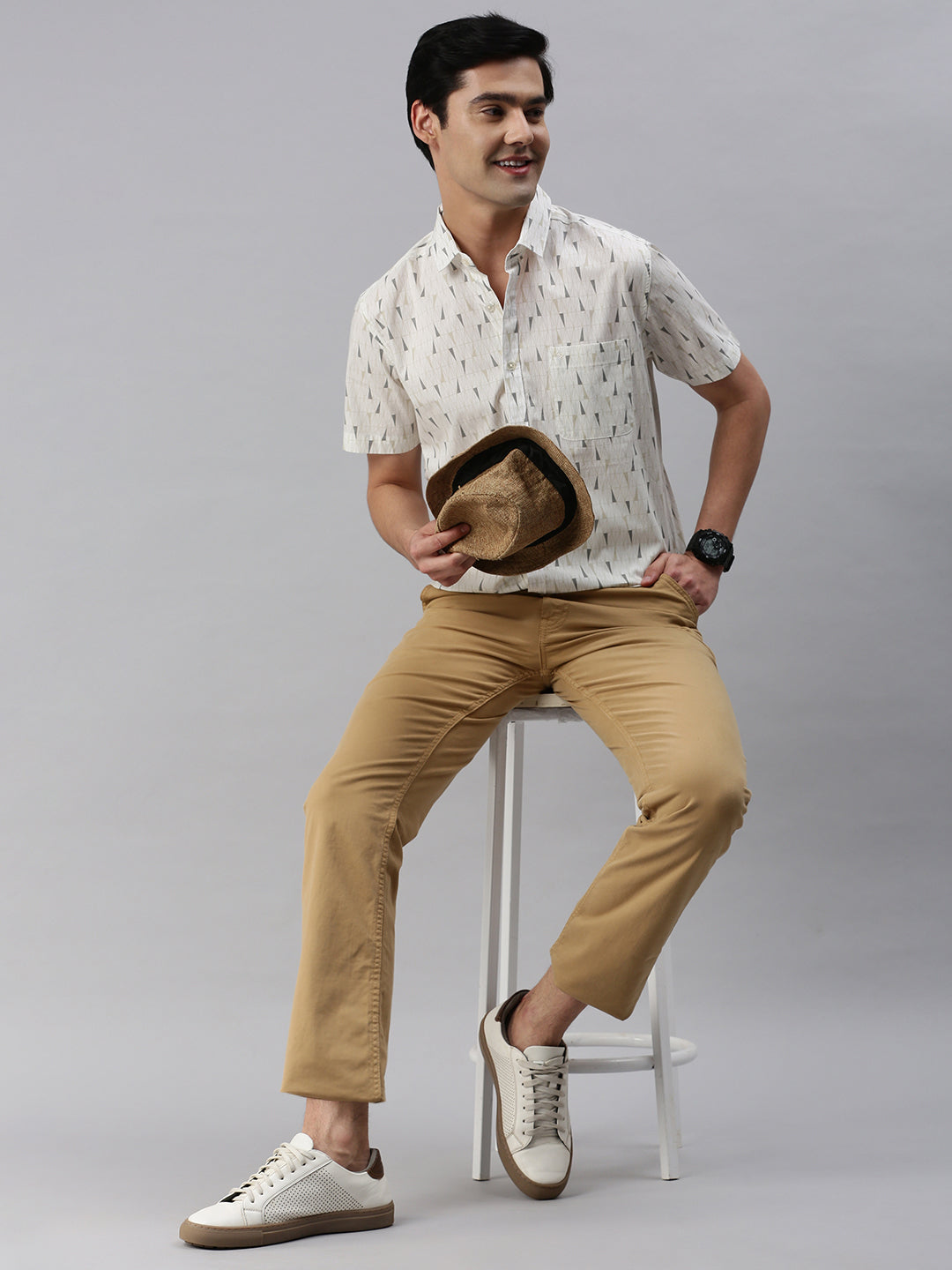 Classic Polo Men's Cotton Half Sleeve Printed Slim Fit Collar Neck White Color Woven Shirt | So1-150 A