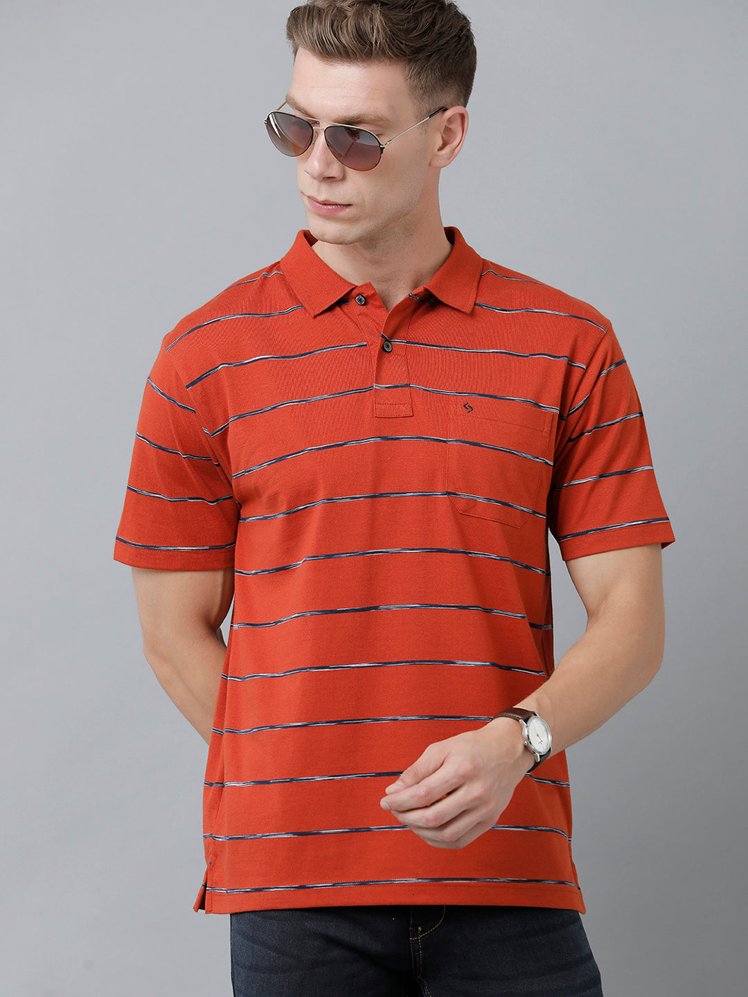Classic Polo Men's Cotton Half Sleeve Striped Authentic Fit Polo Neck Red Color T-Shirt | Nexon - 03 B