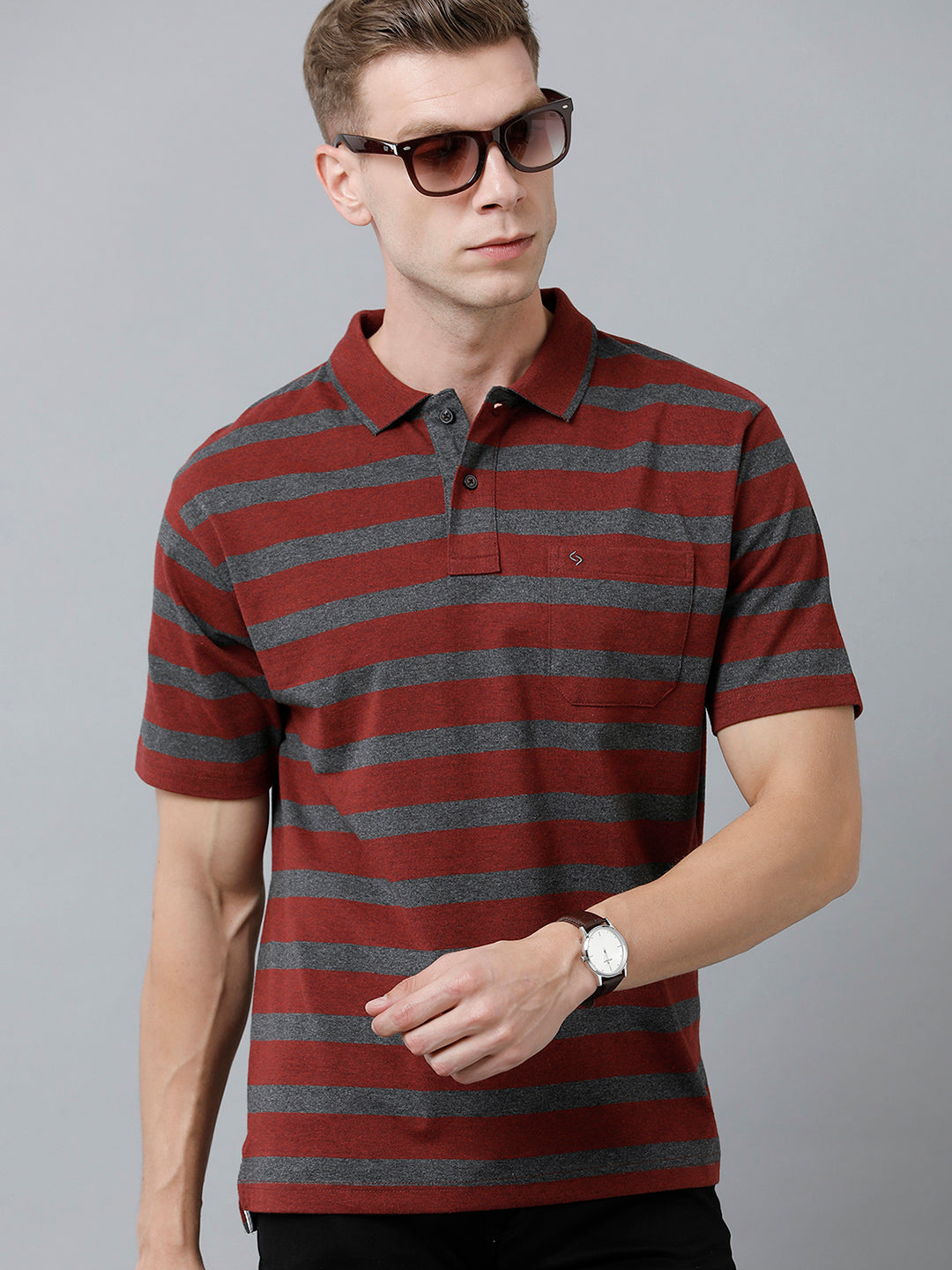 Classic Polo Men's Cotton Blend Half Sleeve Striped Authentic Fit Polo Neck Red Color T-Shirt | Mel - 224 B