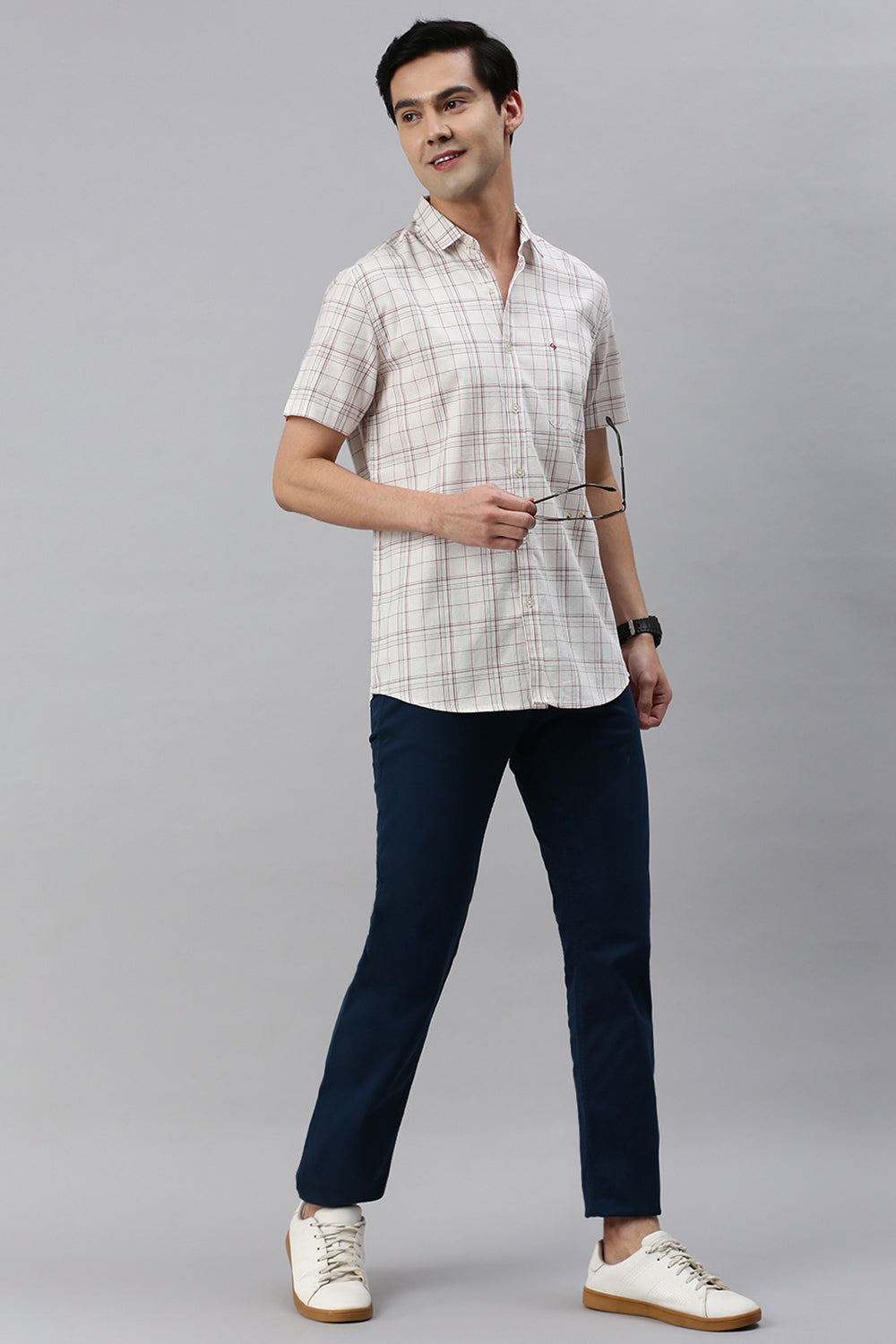 Classic Polo Men's Cotton Half Sleeve Checked Slim Fit Polo Neck Cream Color Woven Shirt | So1-96 A