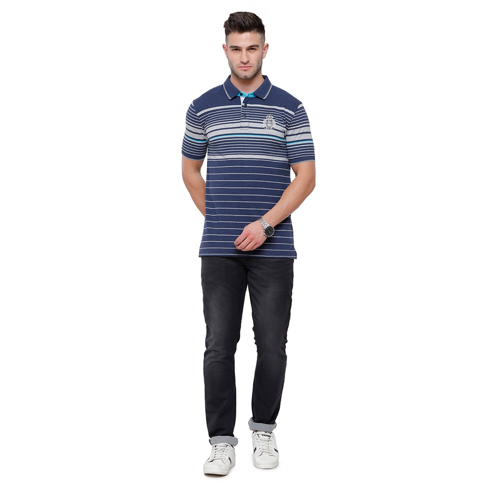 Classic Polo Mens Navy & Grey Stripped Half Sleeve Slim Fit Polo Neck T-Shirt - VTA 183 A T-shirt Classic Polo 
