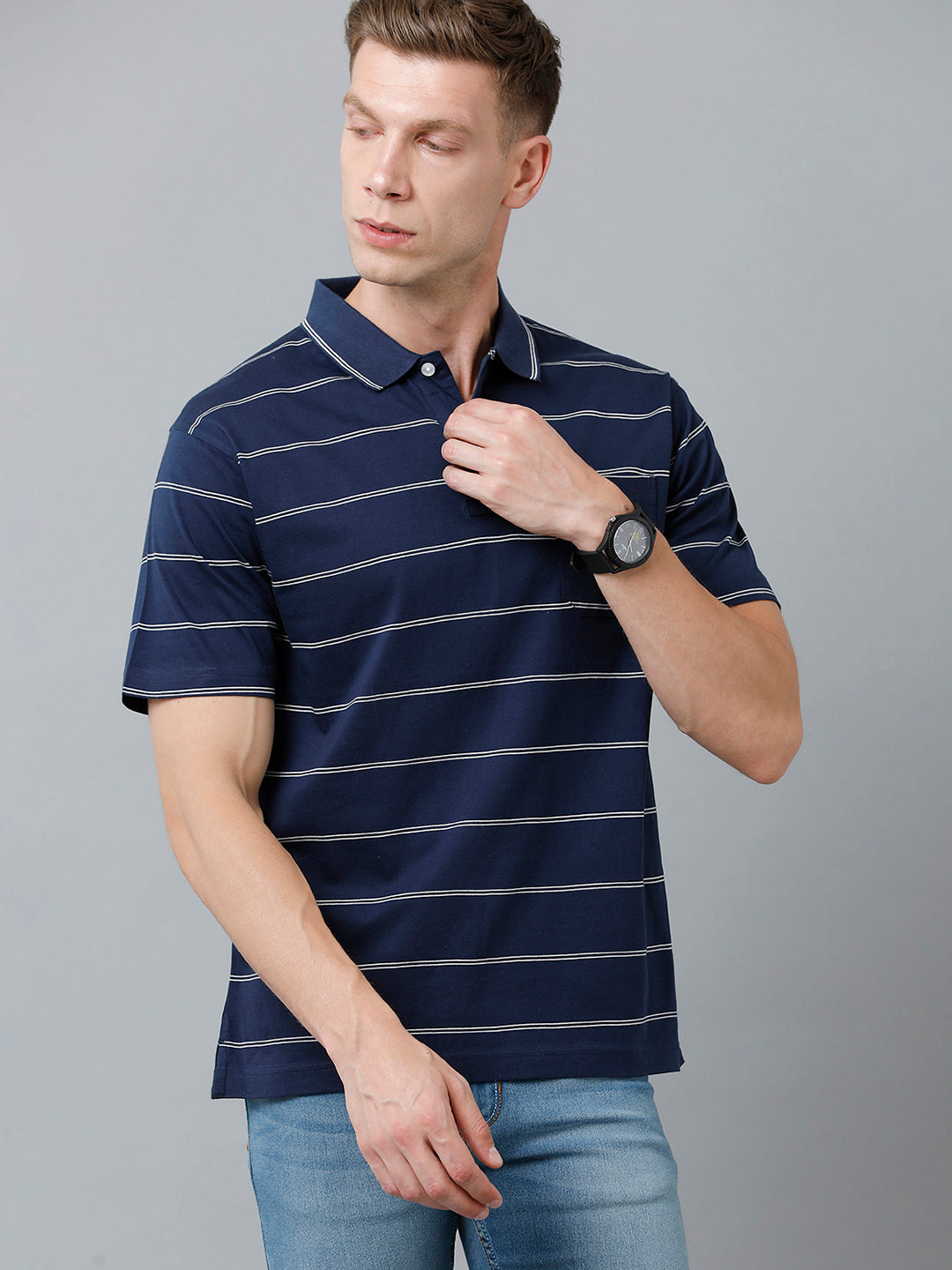 Classic Polo Men's Cotton Half Sleeve Striped Authentic Fit Polo Neck Dark Blue Color T-Shirt | Ap - 85 B