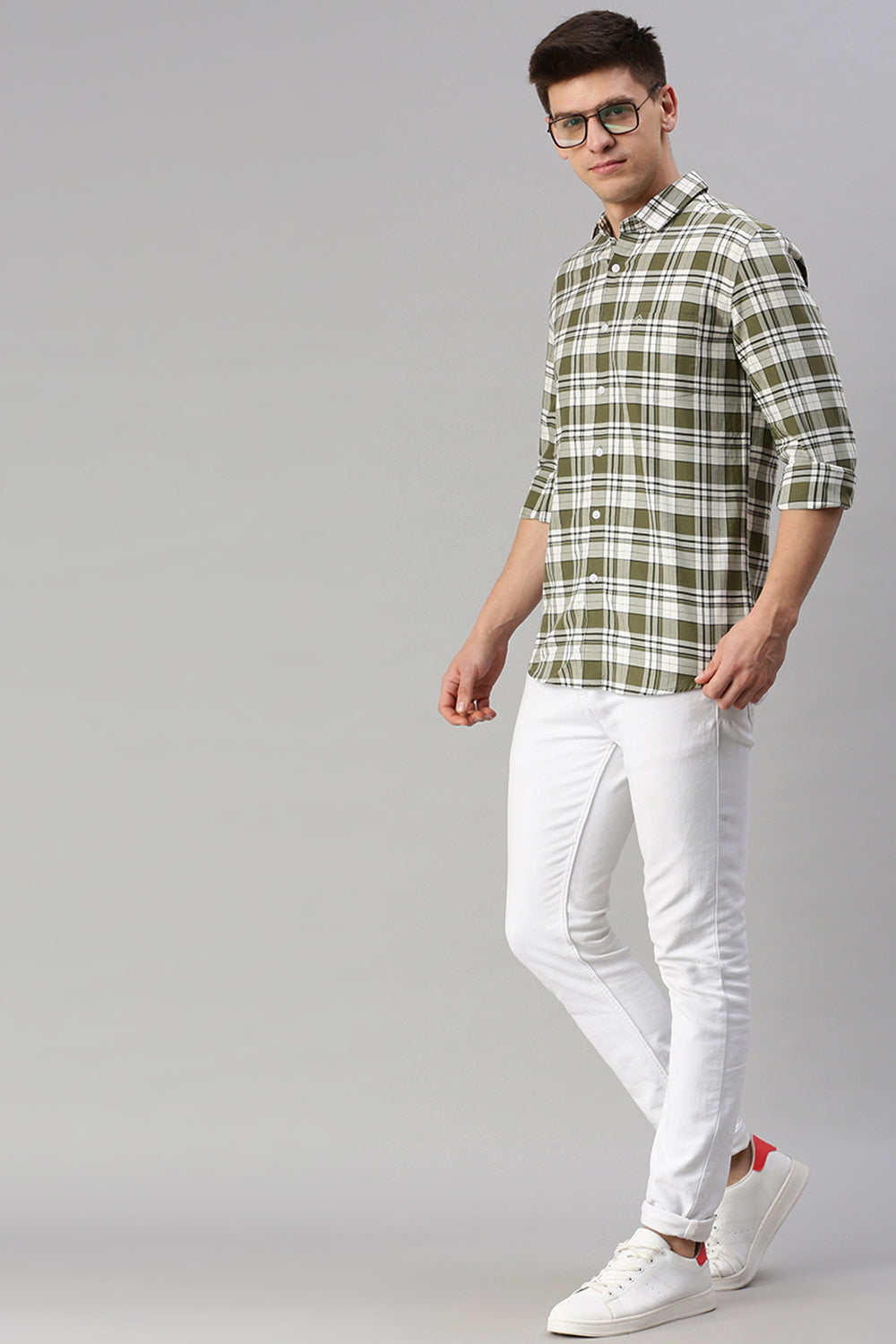 CP BRO Men's Cotton Full Sleeve Checked Slim Fit Collar Neck Green Color Woven Shirt | Sbo1-05 B