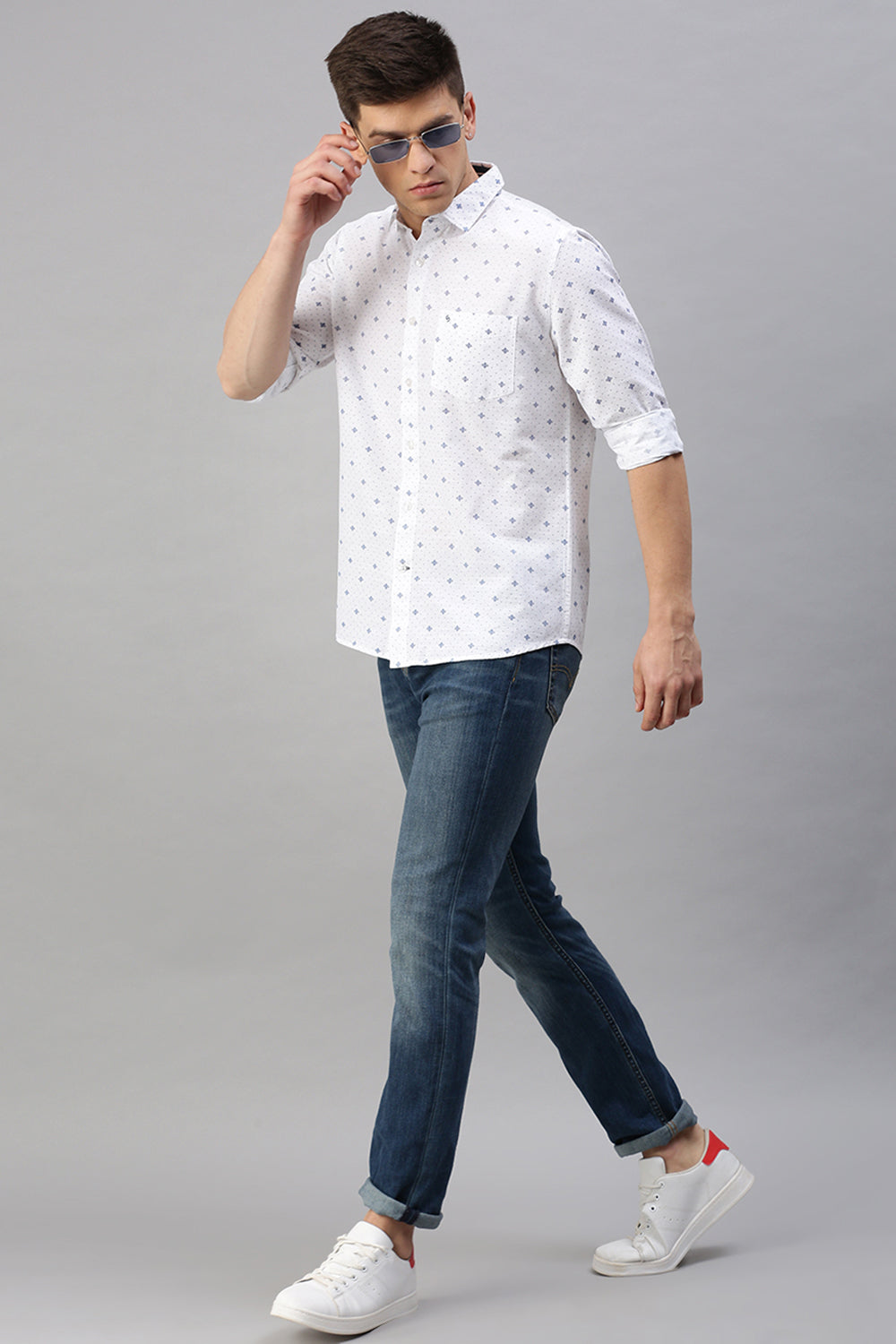 Classic Polo Men's Cotton Full Sleeve Printed Slim Fit Polo Neck White Color Woven Shirt | So1-25 B