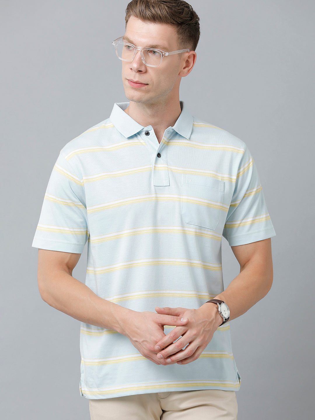 Classic Polo Men's Cotton Blend Half Sleeve Striped Authentic Fit Polo Neck Light Blue Color T-Shirt | Avon - 514 B