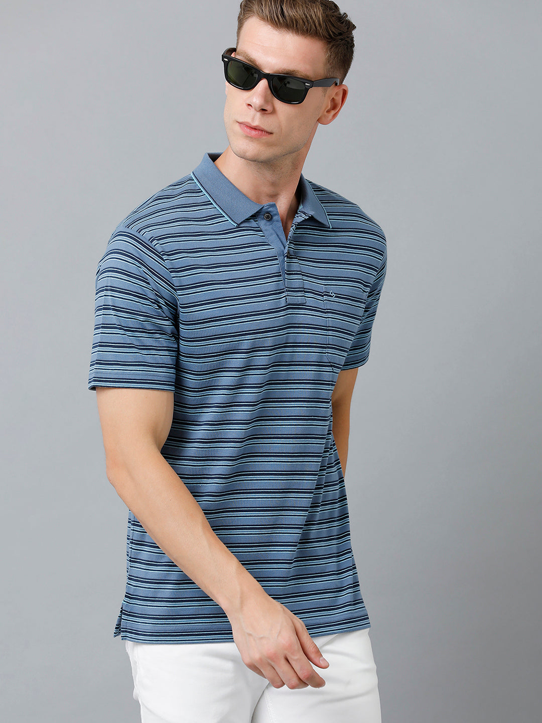 Classic Polo Men's Cotton Half Sleeve Striped Authentic Fit Polo Neck Teal Blue Color T-Shirt | Feeders - 217 A