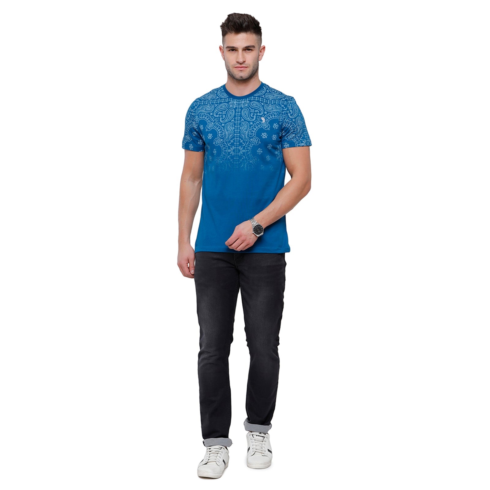 Swiss Club Mens Blue Printed Slim Fit Half Sleeve Round Neck T-Shirt - CUB 54 A T-shirt Swiss Club 