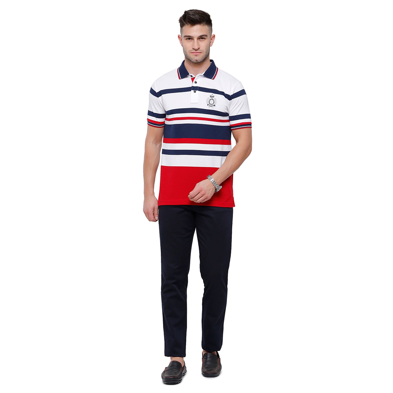 Classic Polo Mens White & Blue Stripped Half Sleeve Slim Fit Polo Neck T-Shirt - Vta 186 A T-shirt Classic Polo 