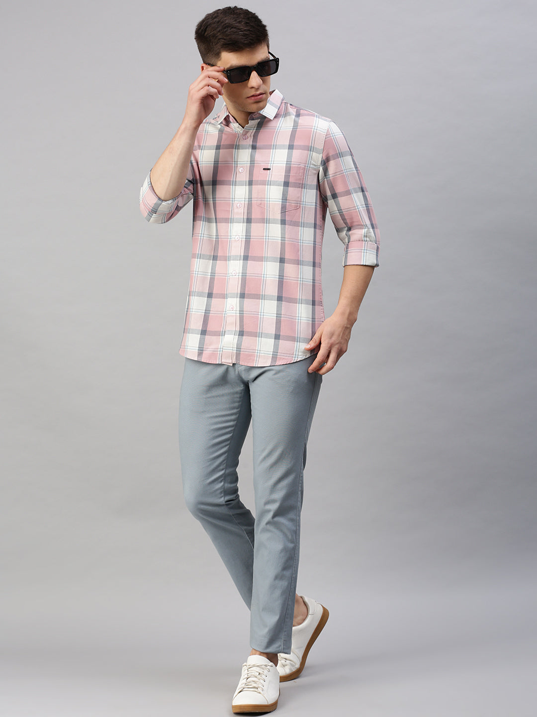 Classic Polo Men's Cotton Full Sleeve Checked Slim Fit Polo Neck Pink Color Woven Shirt | So1-98 A