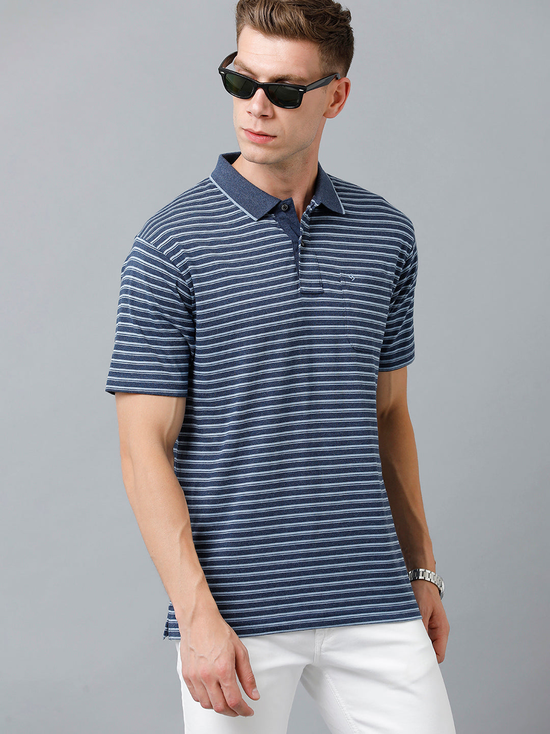 Classic Polo Men's Cotton Half Sleeve Striped Authentic Fit Polo Neck Navy Blue Color T-Shirt | Feeders - 225 B