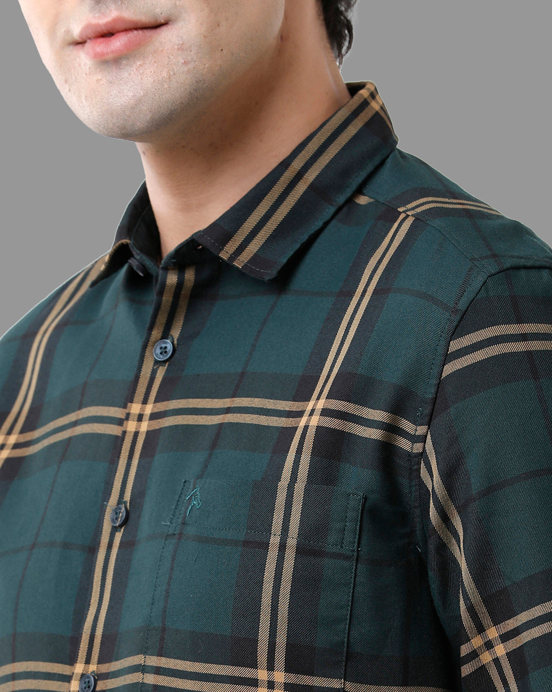 CP BRO Men's Cotton Full Sleeve Checked Slim Fit Polo Neck Green Color Woven Shirt | Sbn2-75 A