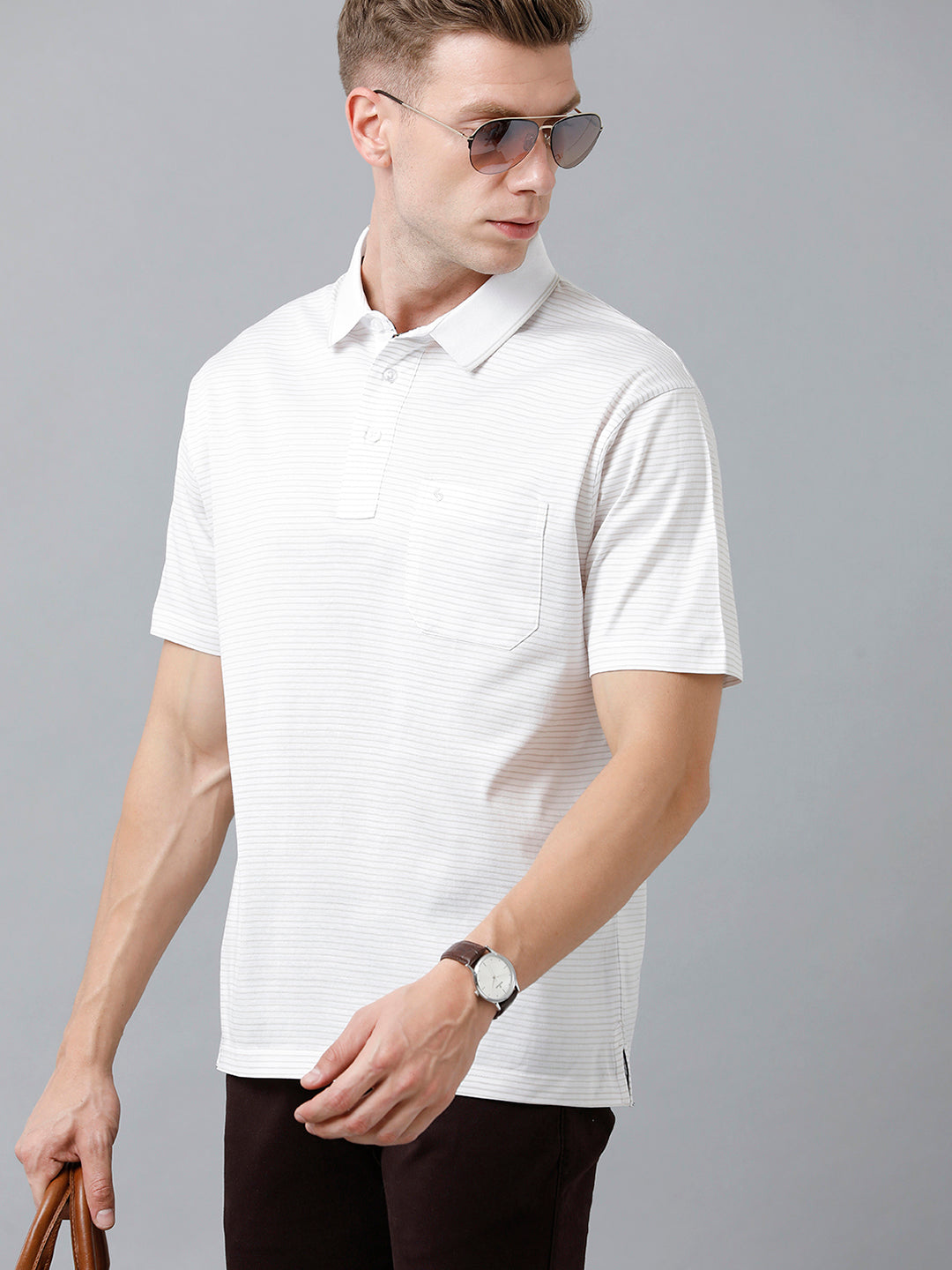 Classic Polo Men's Cotton Half Sleeve Striped Authentic Fit Polo Neck White Color T-Shirt | Ultimo - 316 A