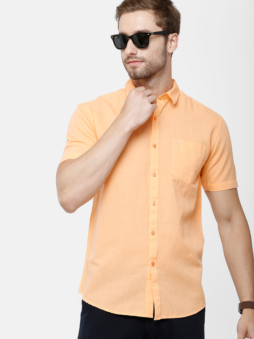 Classic Polo Mens Solid Milano Fit Woven Shirt -Mica Orange Shirts Classic Polo 