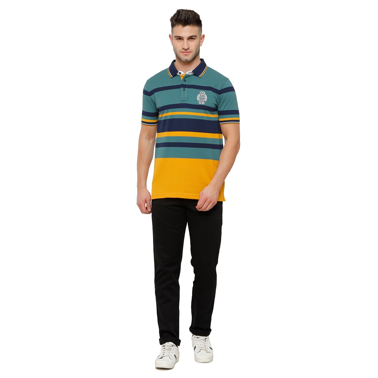 Classic Polo Mens Blue & Yellow Stripped Slim Fit Polo Neck T-Shirt - Vta 186 B T-shirt Classic Polo 