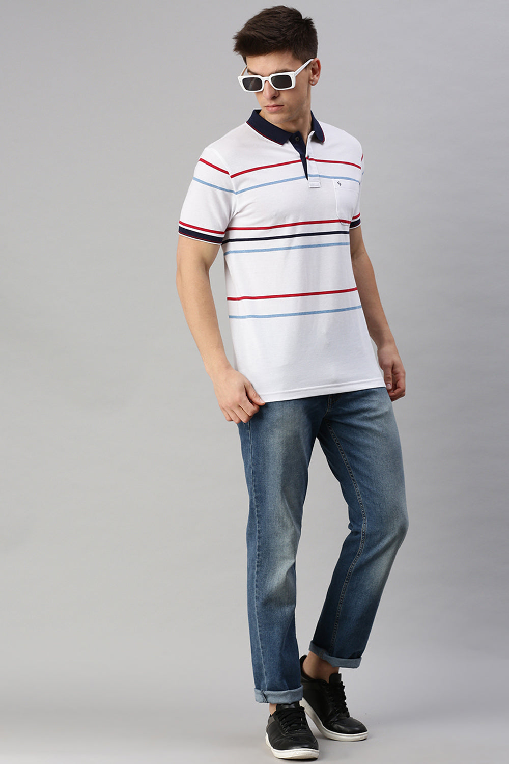 Classic Polo Men's Cotton Blend Half Sleeve Striped Slim Fit Polo Neck White Color T-Shirt | Adore - 193 B