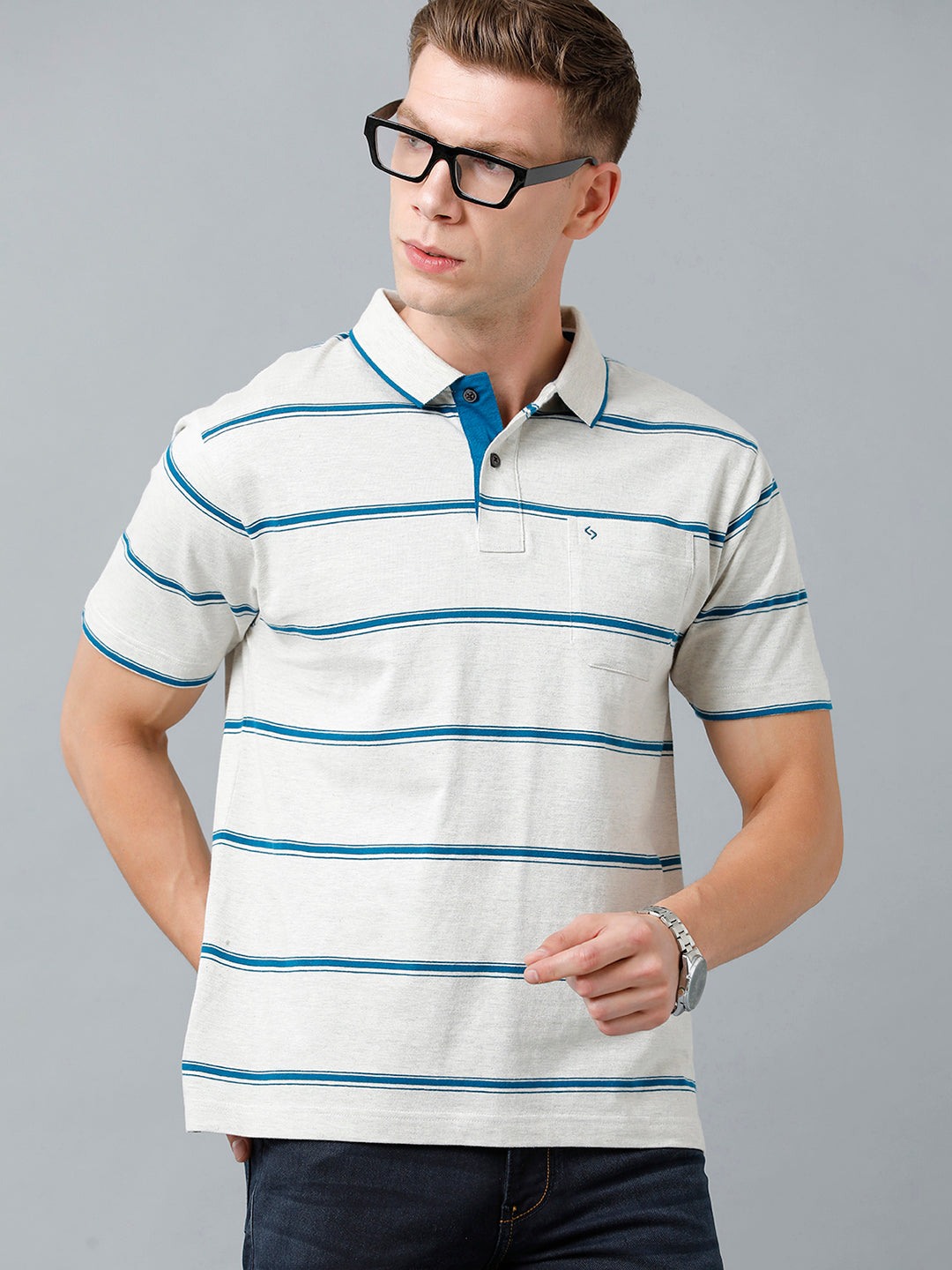 Classic Polo Men's Cotton Blend Half Sleeve Striped Authentic Fit Polo Neck White Color T-Shirt | Mel - 221 A