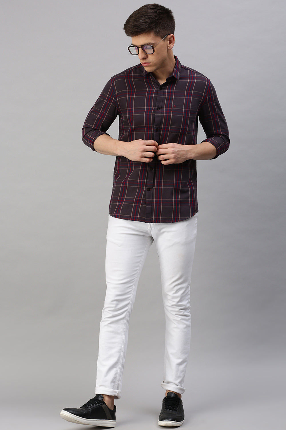 Classic Polo Men's Cotton Full Sleeve Checked Slim Fit Polo Neck Maroon Color Woven Shirt | So1-02 B