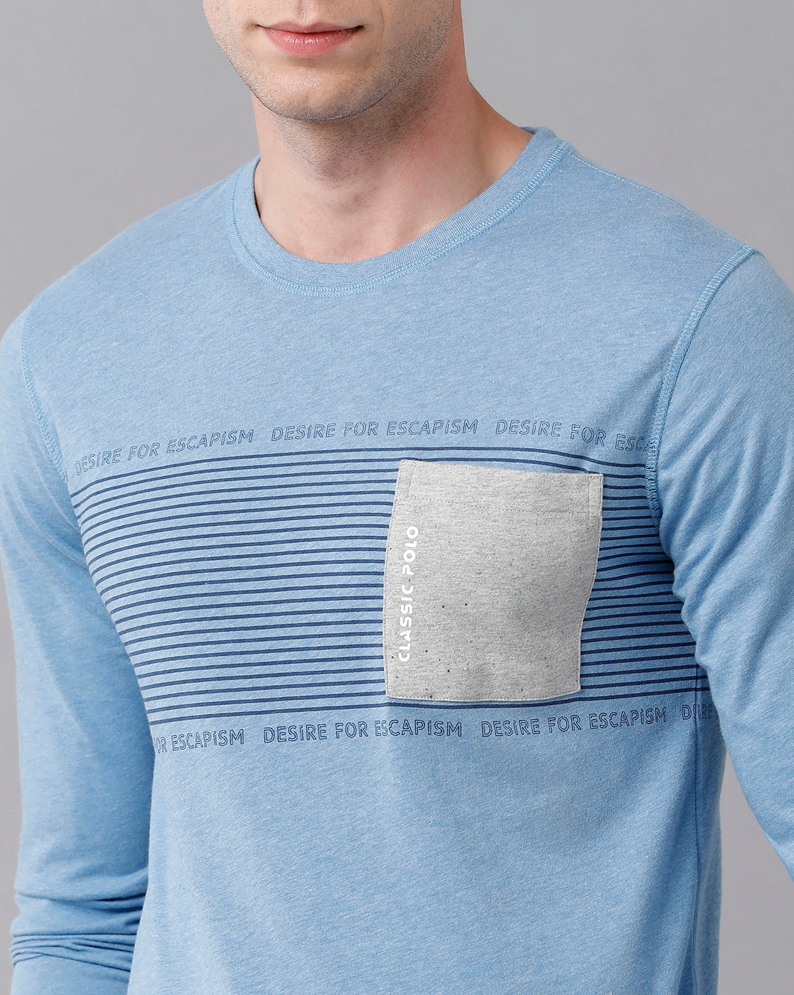 Classic Polo Men's Cotton Printed Full Sleeve Slim Fit Round Neck Blue Color T-Shirt | Baleno Fs - 478 B